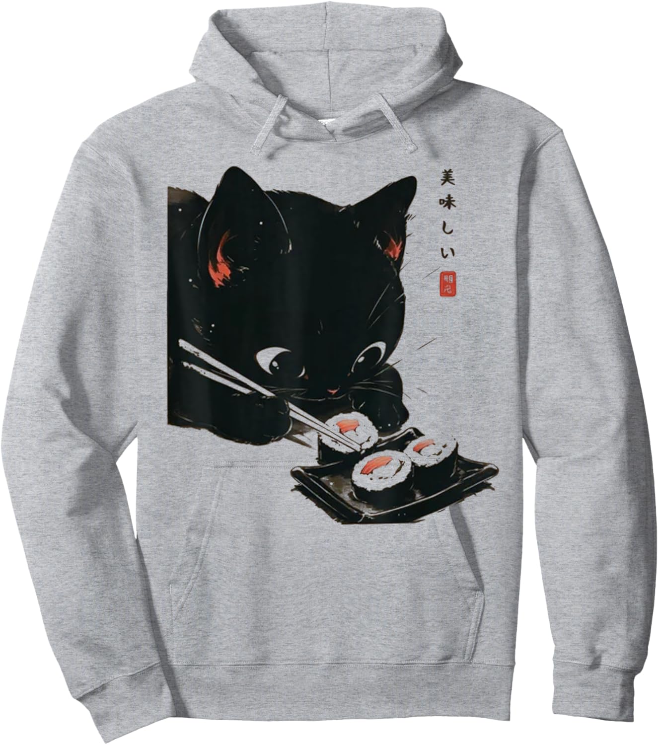 Black Cat Eating Sushi - Cat Japanese Art Women Hoodie - Hoodie | Ash