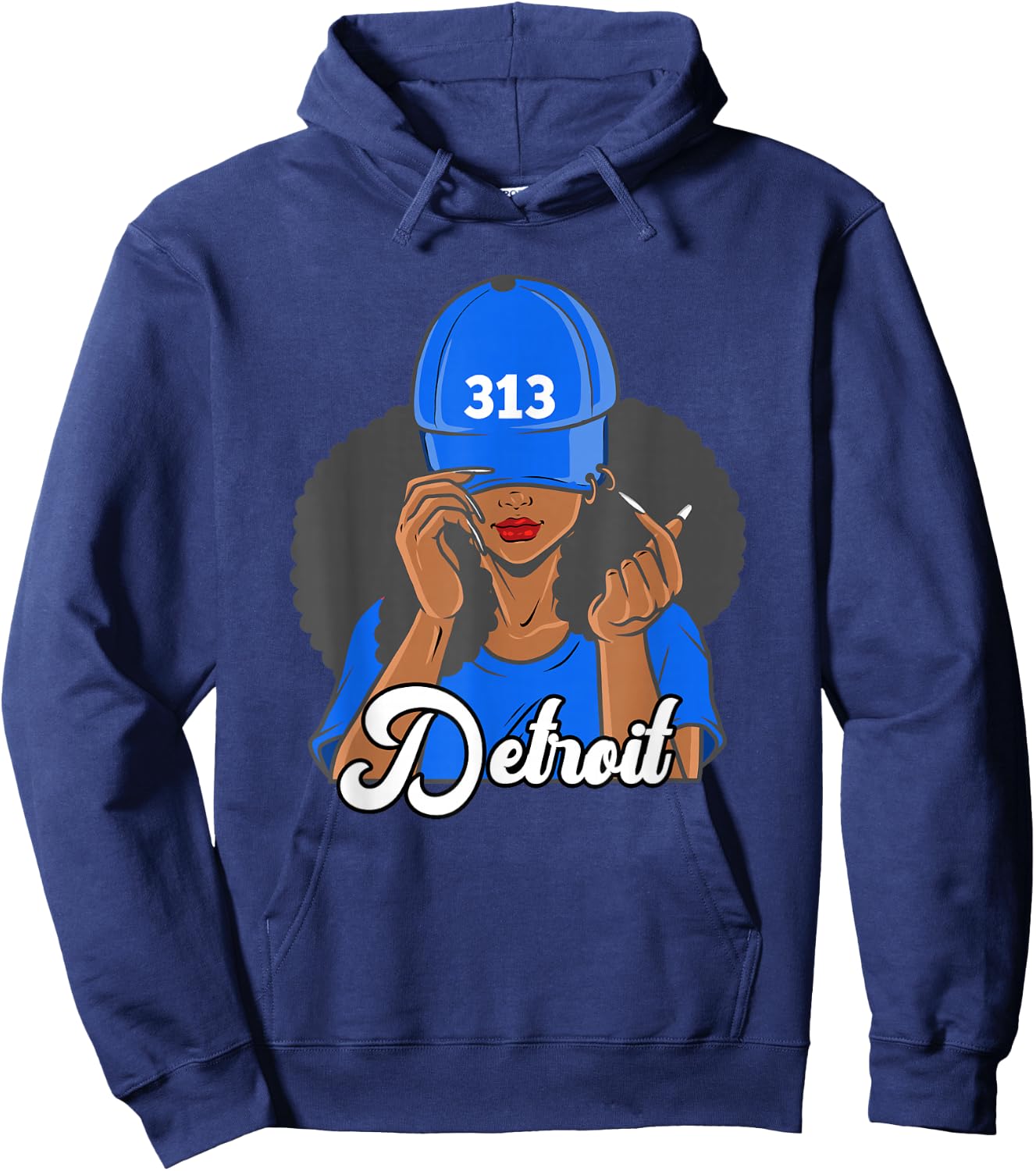 313 Detroit Michigan Black Woman Hat Afro Puffs Hoodie - Hoodie | Navy