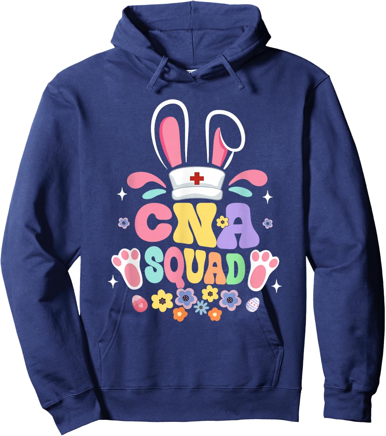Retro Groovy CNA Squad Bunny Ear Flower Easter Hoodie - Hoodie | Navy