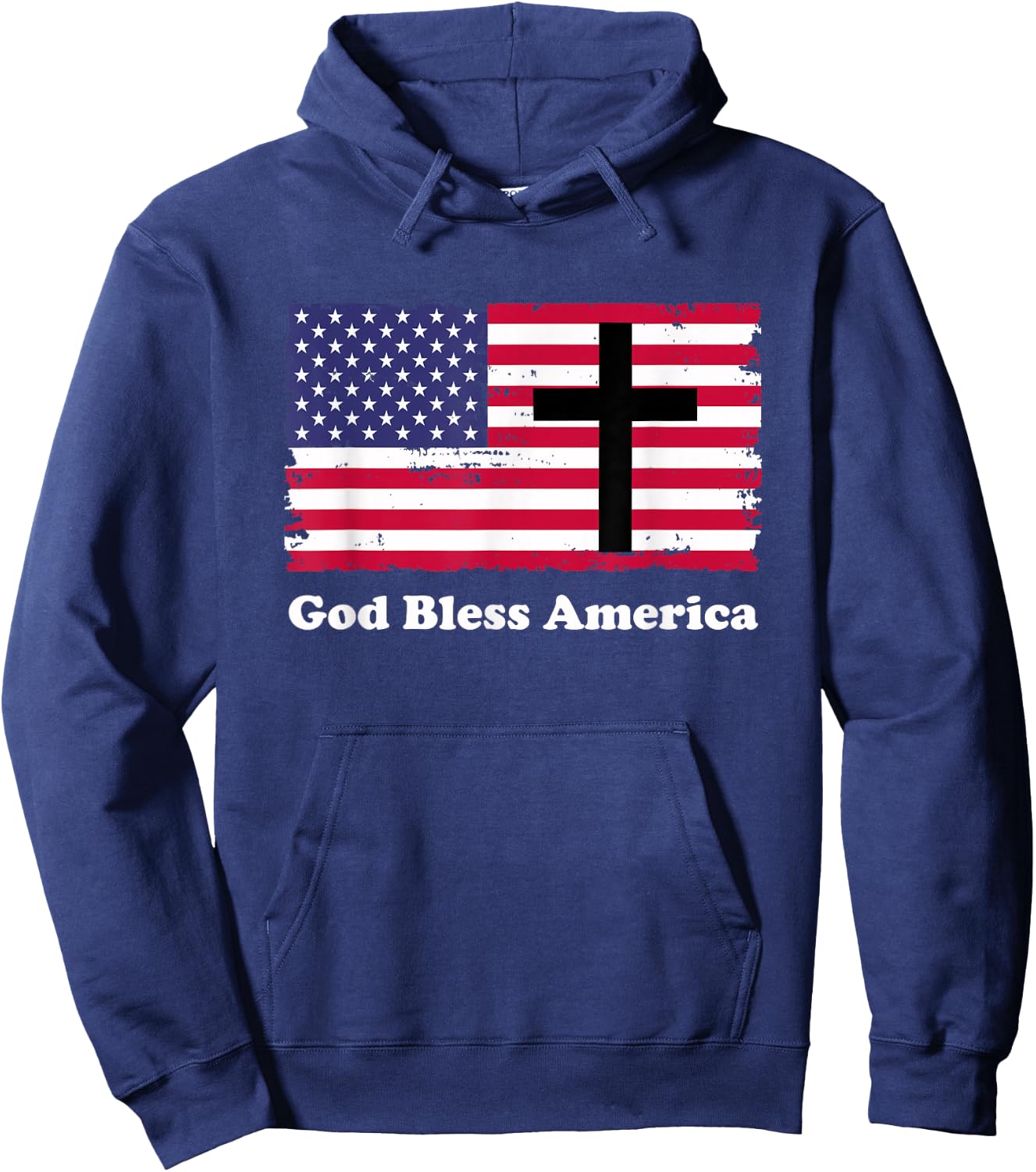 God Bless America Patriotic Flag with Cross Hoodie - Hoodie | Navy