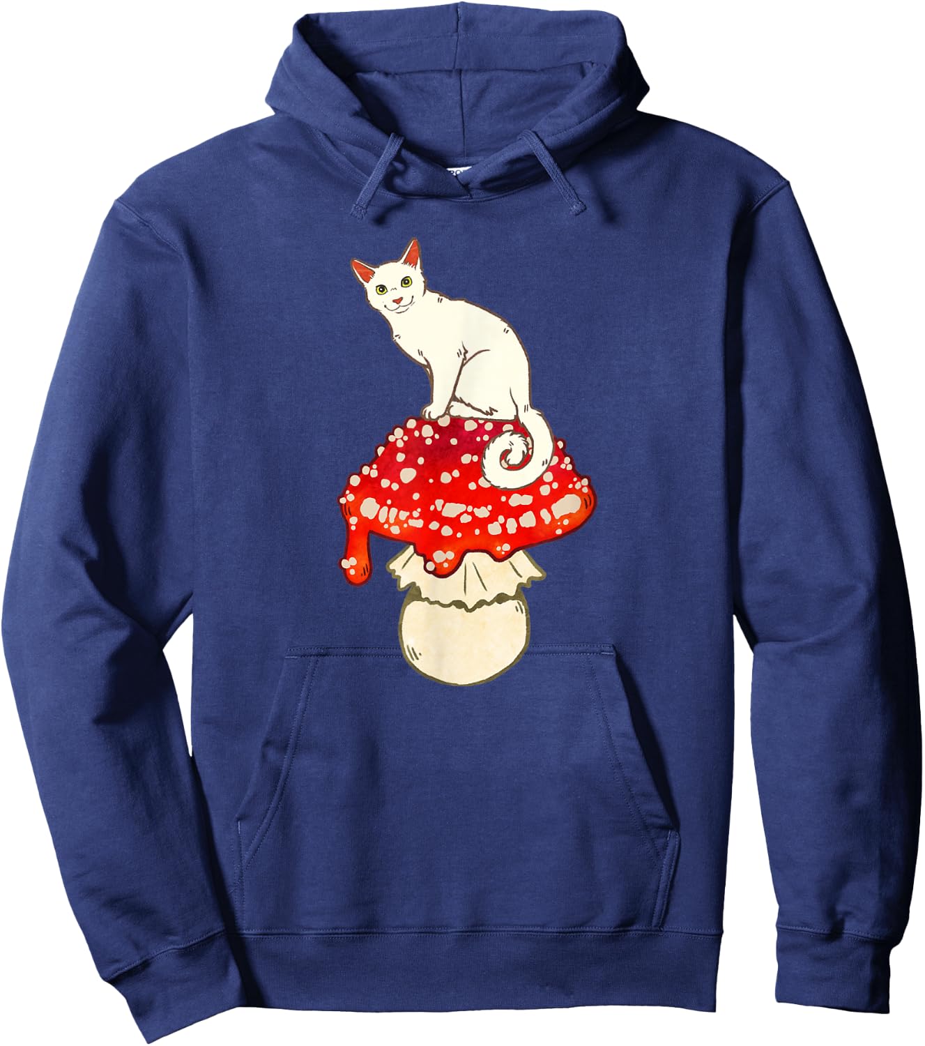Cute White Cat Sitting on Red Spotted Mushroom Hoodie - Hoodie | Navy