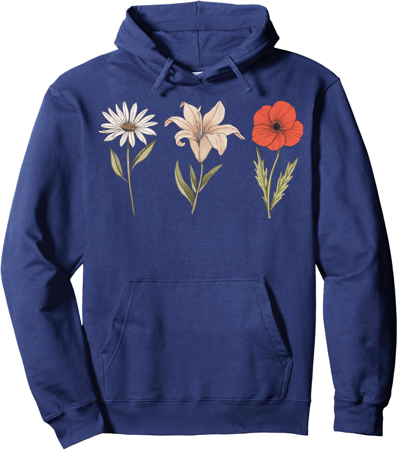 Vintage Flower Drawing Lily Poppy Daisy Hoodie - Hoodie | Navy