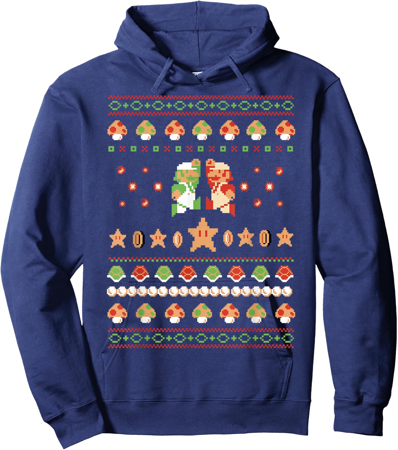 Super Mario 8-Bit Christmas Sweater Style Hoodie - Hoodie | Navy