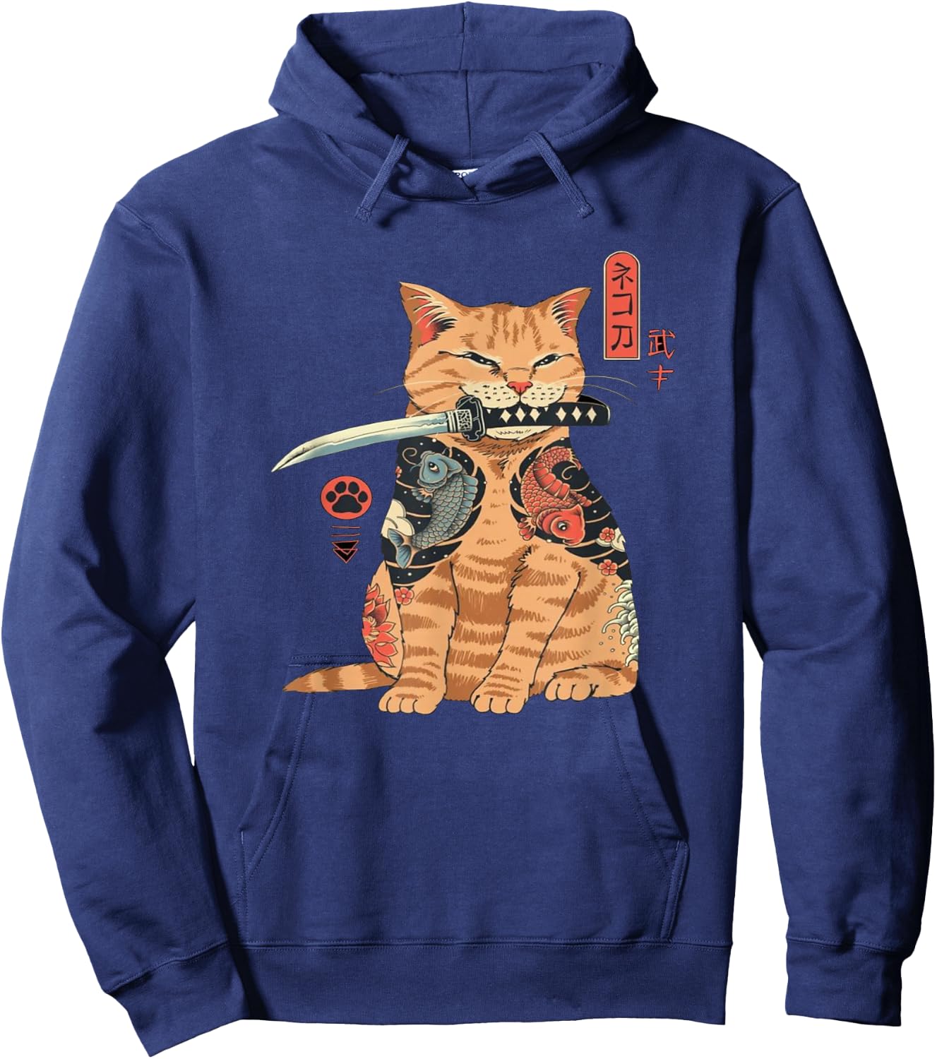 Alexamerch Cats Japanese Samurai Ninja Cat Kawaii Tattoo Graphic - Kids, Anime Fans, Casual Wear Lovers - - Black - Small - Short Sleeve - Classic Fit - Cotton, Polyester Hoodie - Hoodie | Navy