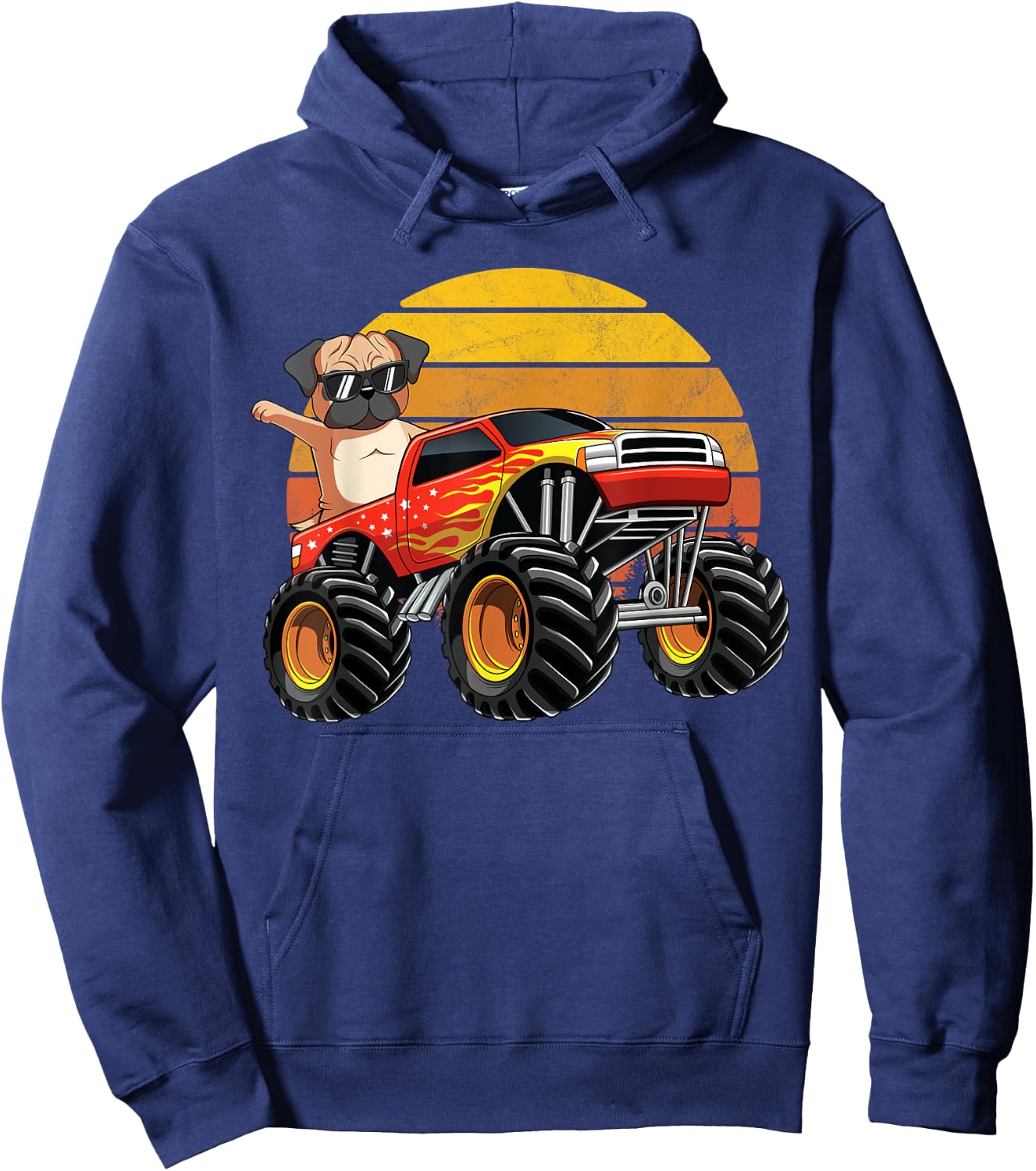 Vintage Monster Truck Pug Dog Retro Sunset Boys Hoodie - Hoodie | Navy