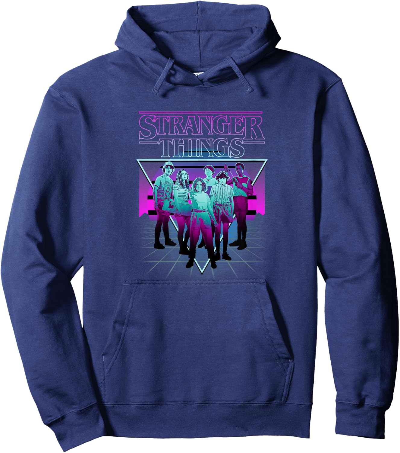 Stranger Things Group Shot Neon Triangle Hoodie - Hoodie | Navy