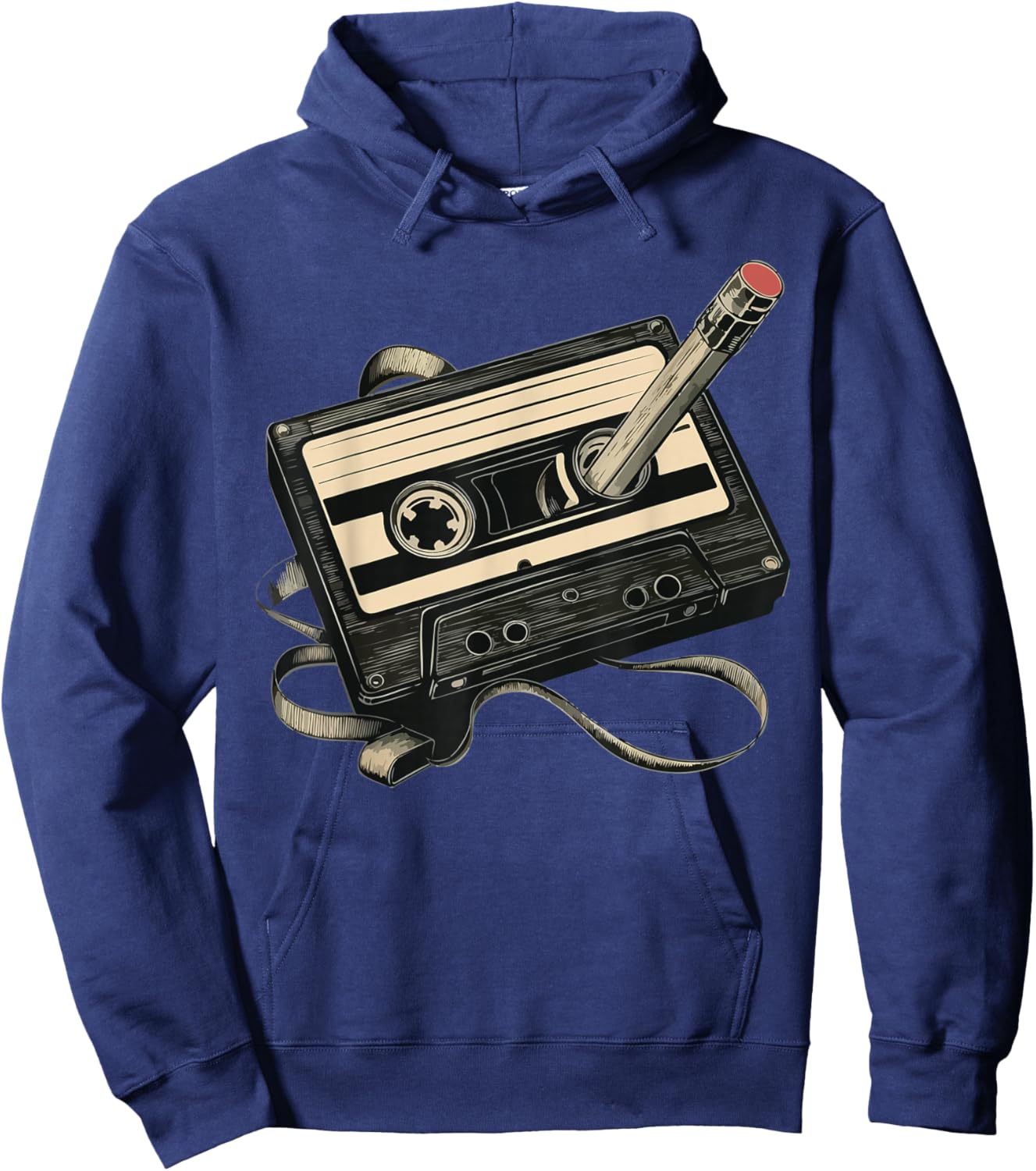 Retro Cassette Tape with Pencil Rewind Hoodie - Hoodie | Navy
