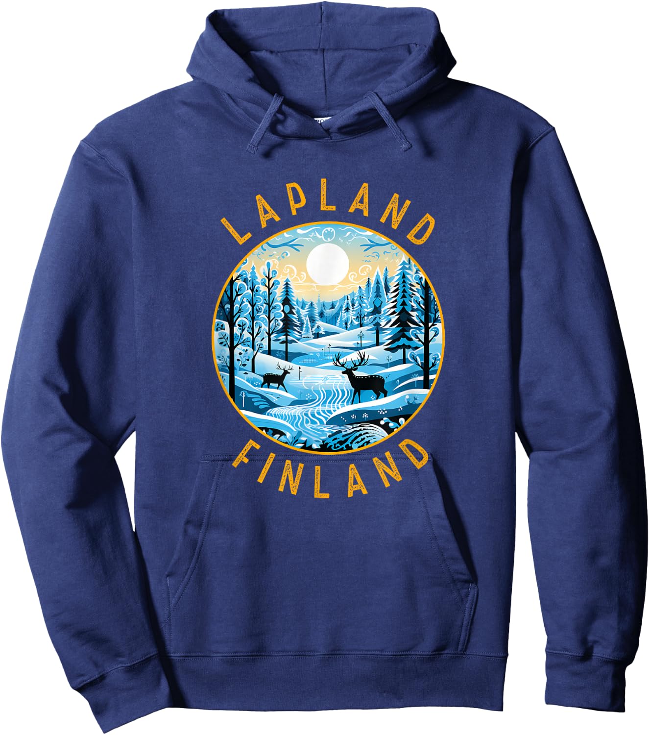 Lapland Finland Deer Retro Distressed Circle Hoodie - Hoodie | Navy