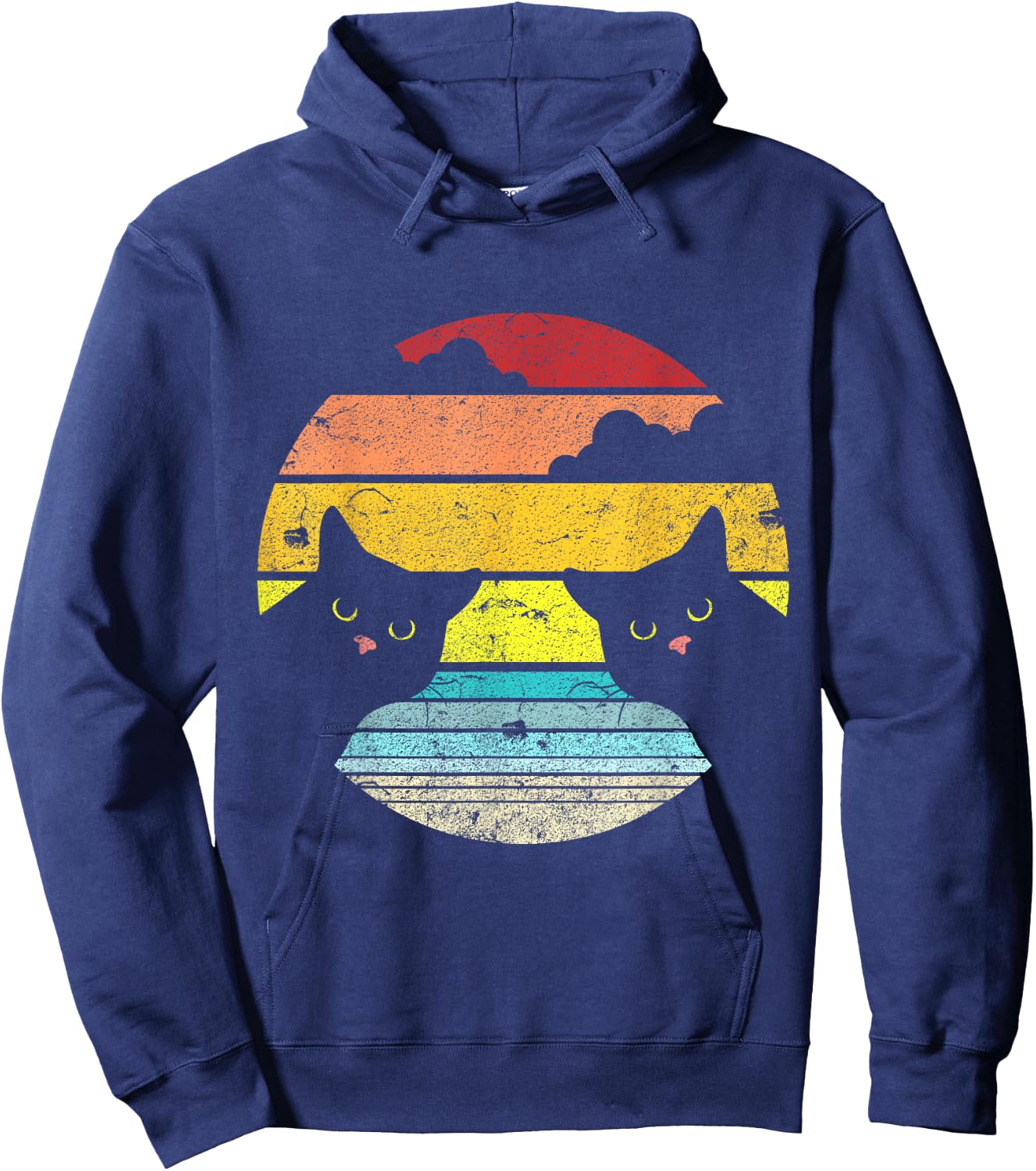 Two Cats Staring Vintage Sunset Retro Style Cat Hoodie - Hoodie | Navy