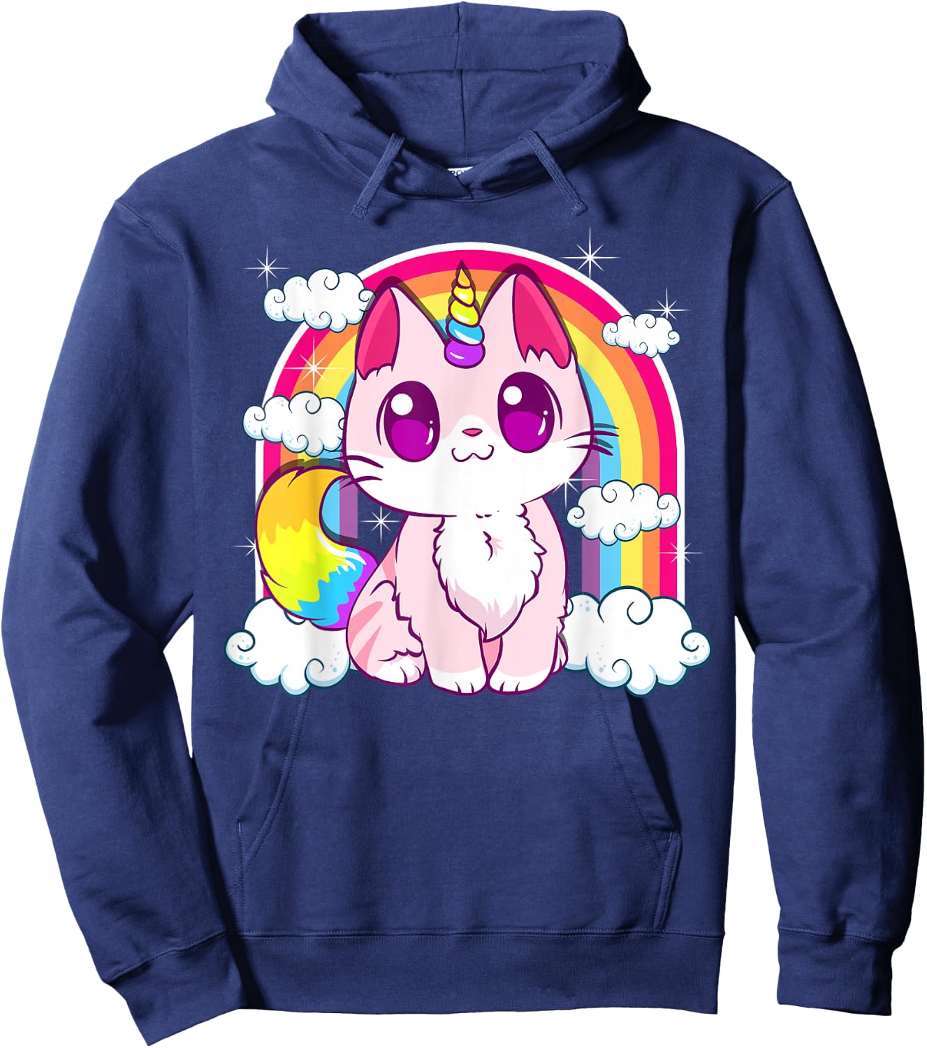 Cute Unicorn Cat Adorable Smiling Rainbow Kitty Hoodie - Hoodie | Navy