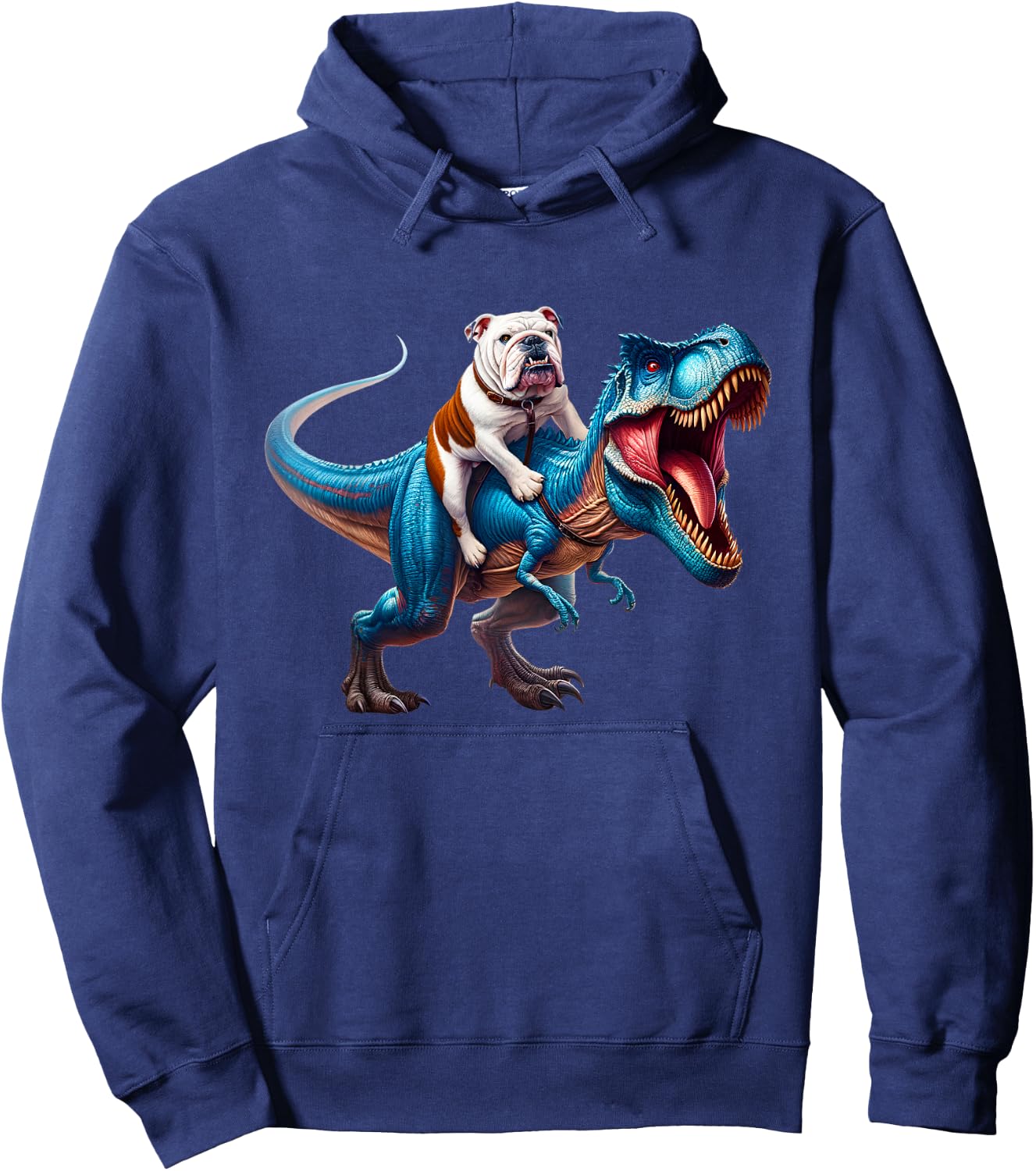 English Bulldog Riding T-Rex Dinosaur Dog Lover Hoodie - Hoodie | Navy