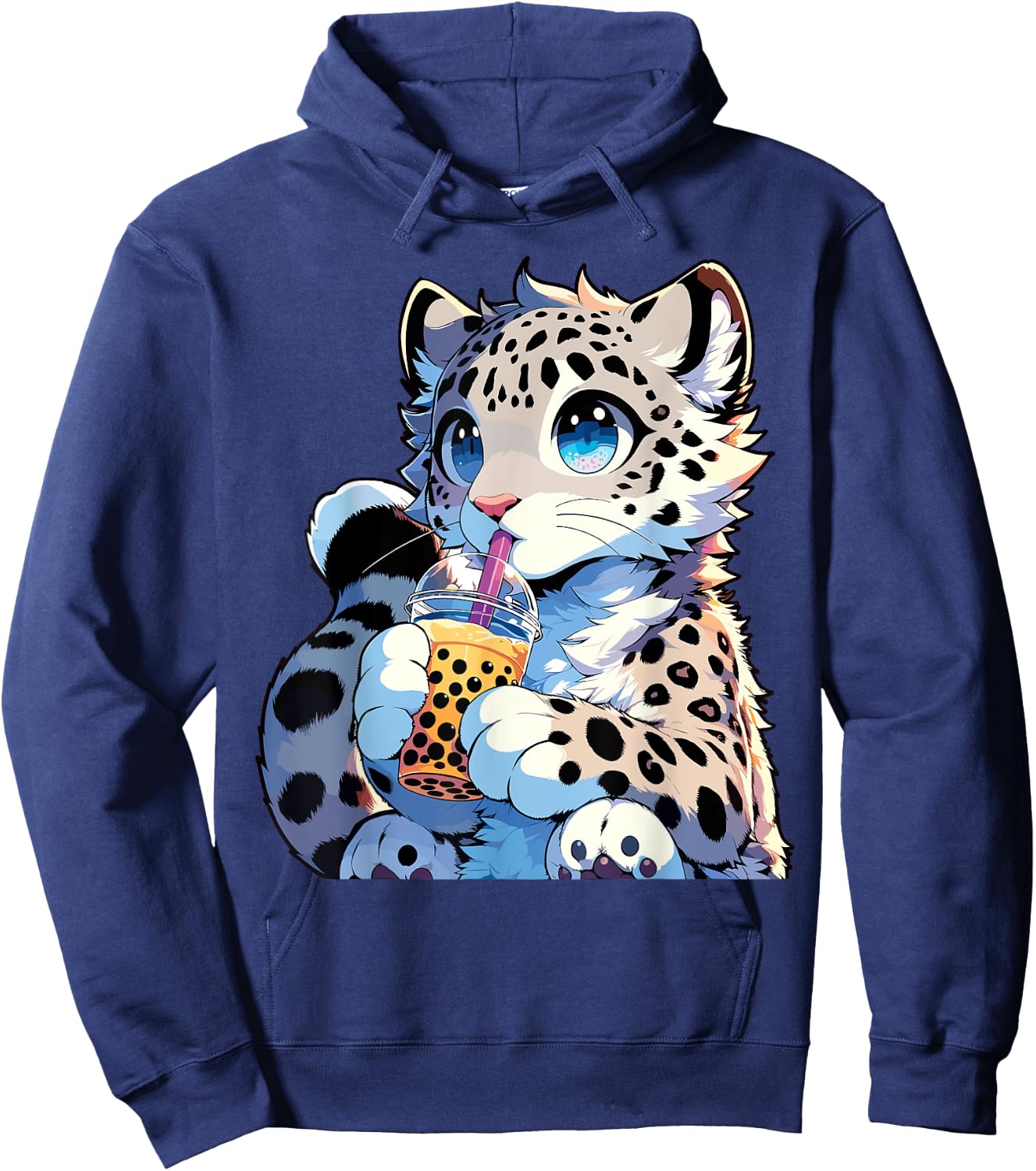 Kawaii Anime Snow Leopard Boba Tea Bubble Tea Hoodie - Hoodie | Navy