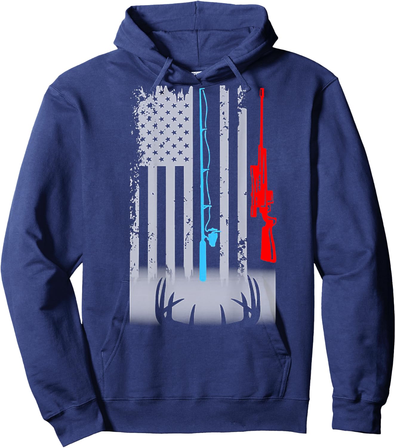Fishing Rod Shotgun Deer Flag (on back) Hoodie - Hoodie | Navy