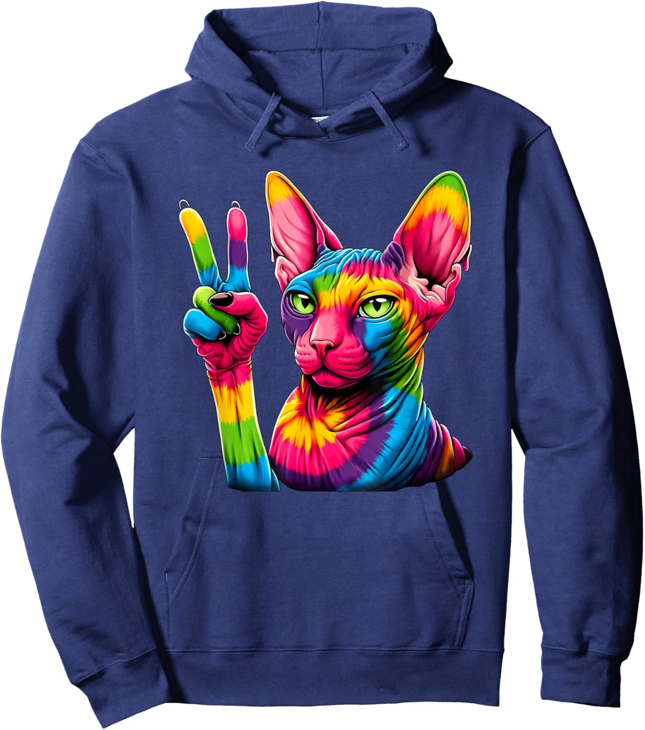 Peace Sign Tie Dye Hairless Sphinx Cat Hoodie - Hoodie | Navy