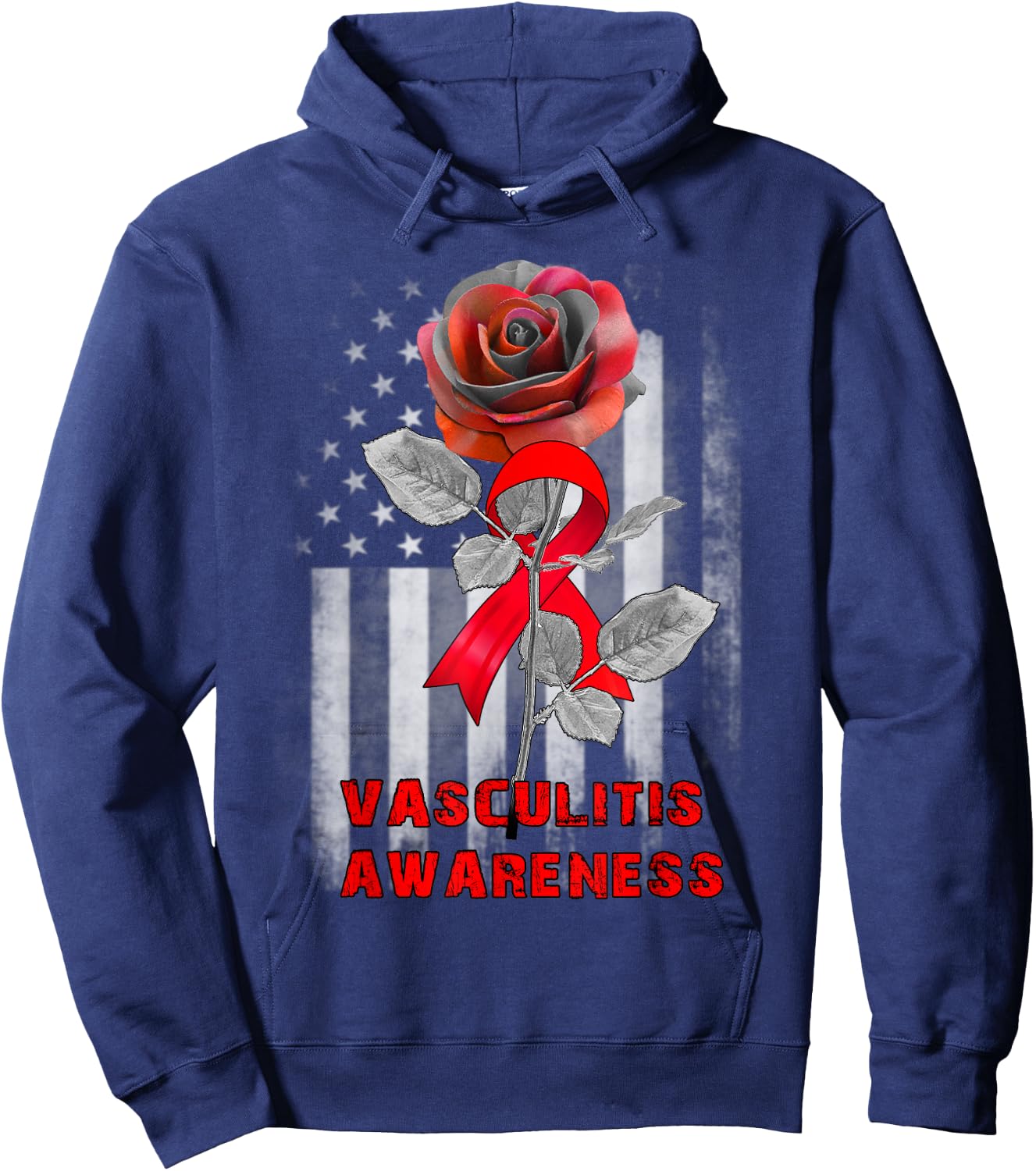 Rose Flower Vasculitis Awareness Ribbon Hoodie - Hoodie | Navy