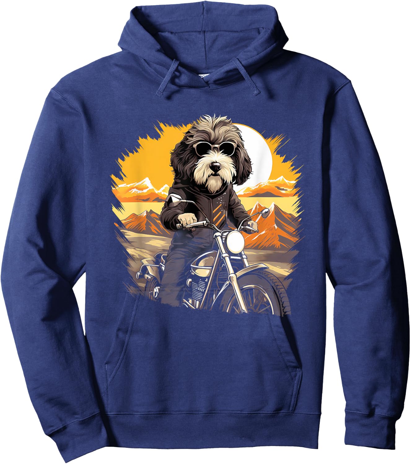 Biker Sheepadoodle Dog Riding Motorcycle Hoodie - Hoodie | Navy