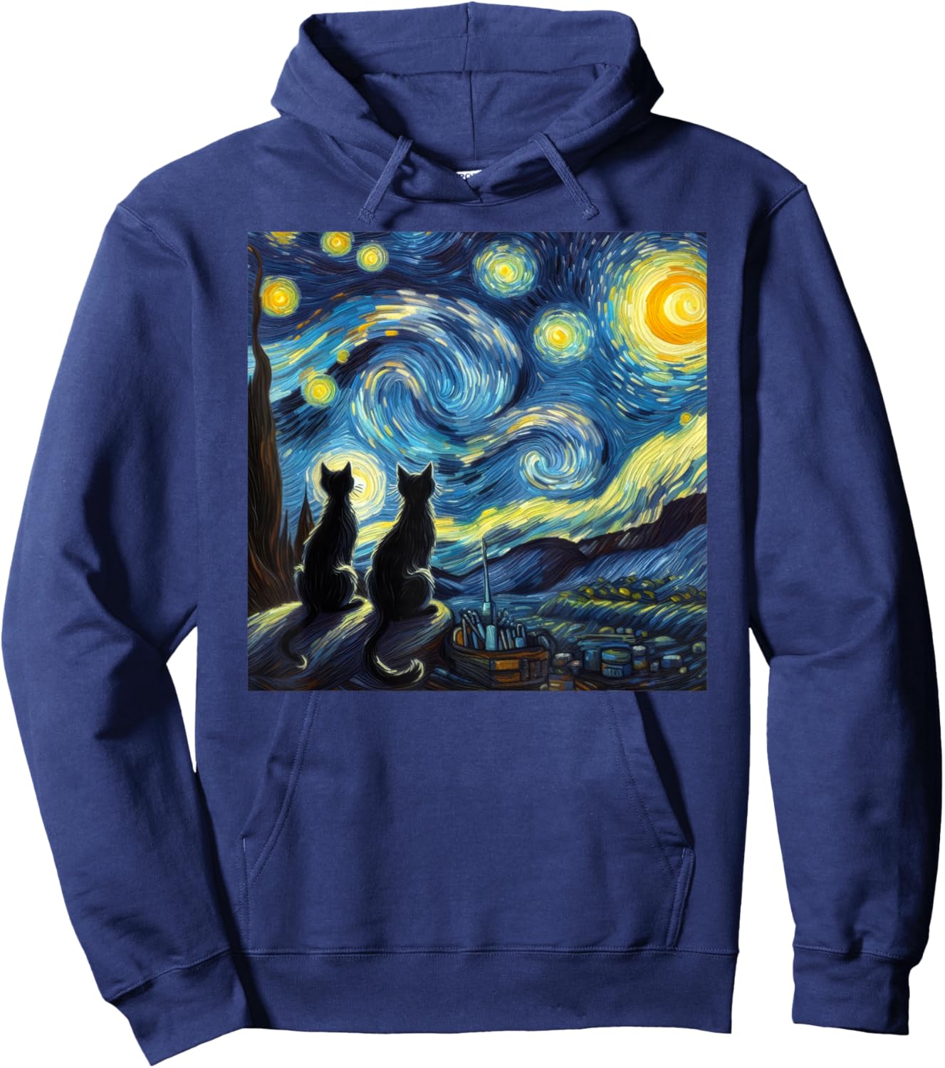 Black Cats Lover Starry Night Van Gogh Hoodie - Hoodie | Navy