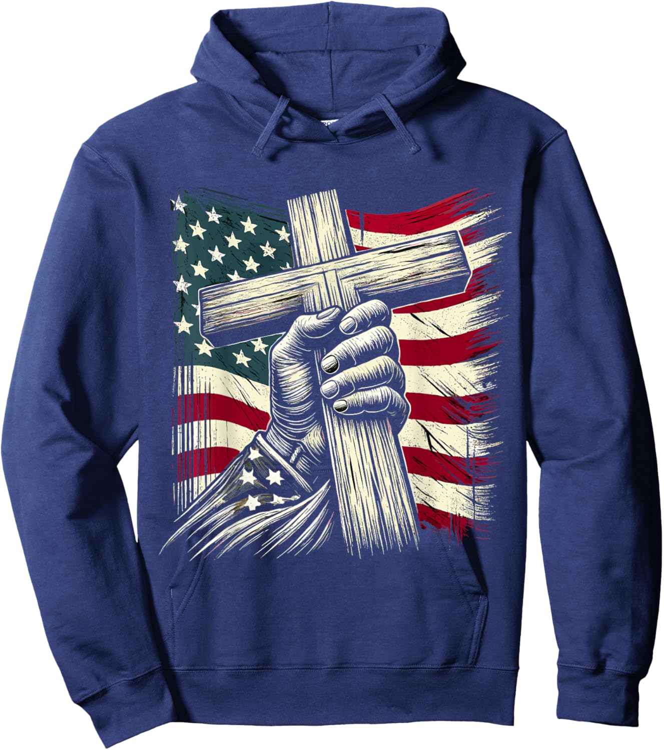 Christian Cross and USA Flag 4th of July Jesus Hoodie - Hoodie | Navy