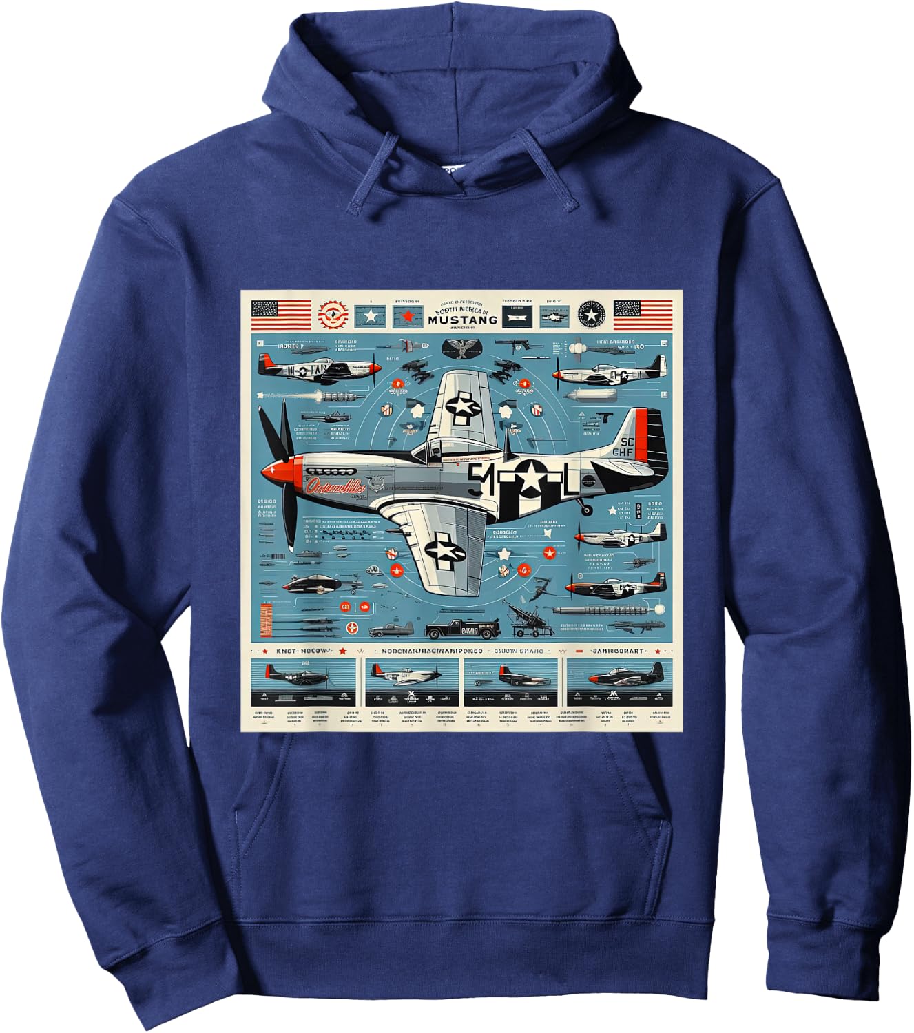 P51 Mustang WW2 Warplane Airplane Infographics Hoodie - Hoodie | Navy