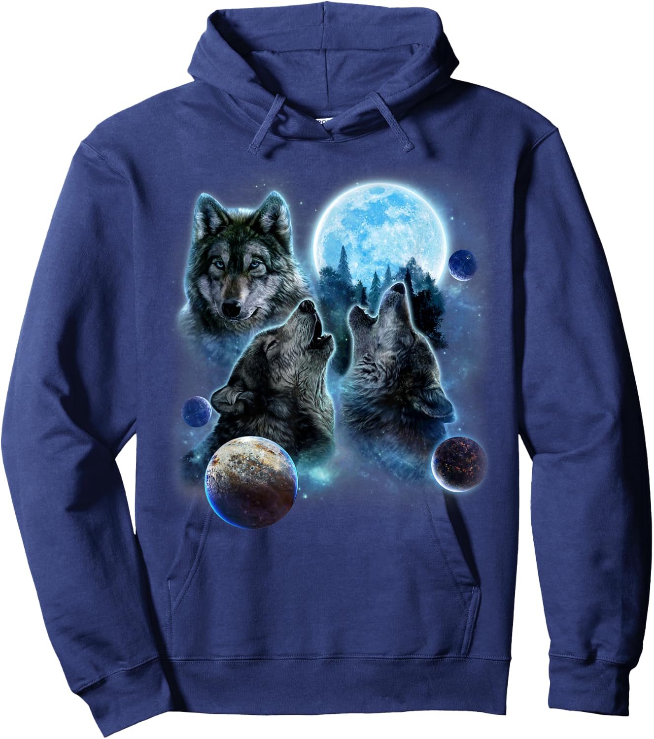 Three Wolf Howling and Moon Hoodie - Hoodie | Navy
