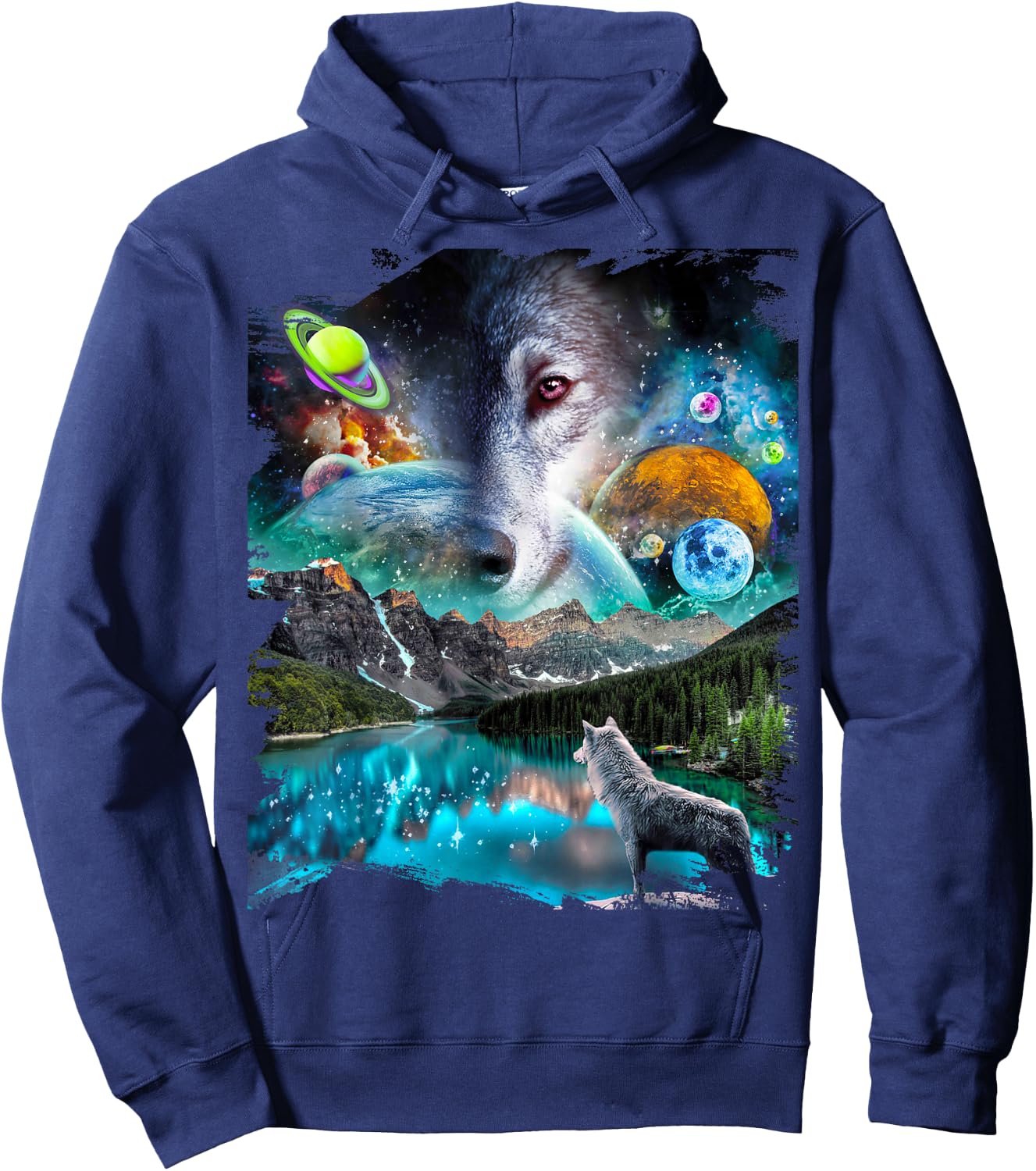 Celestial Cosmic Wolf, Space Planets Wolves Hoodie - Hoodie | Navy