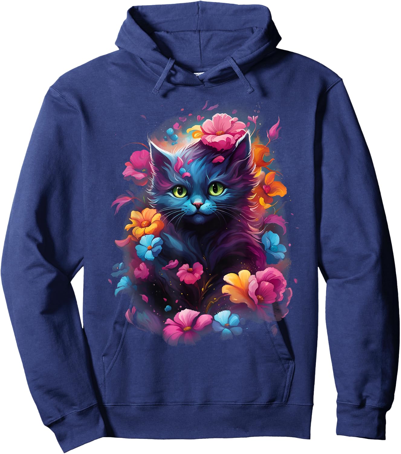 MyAnimal - Cute Cat in Colourful Flowers Hoodie - Hoodie | Navy
