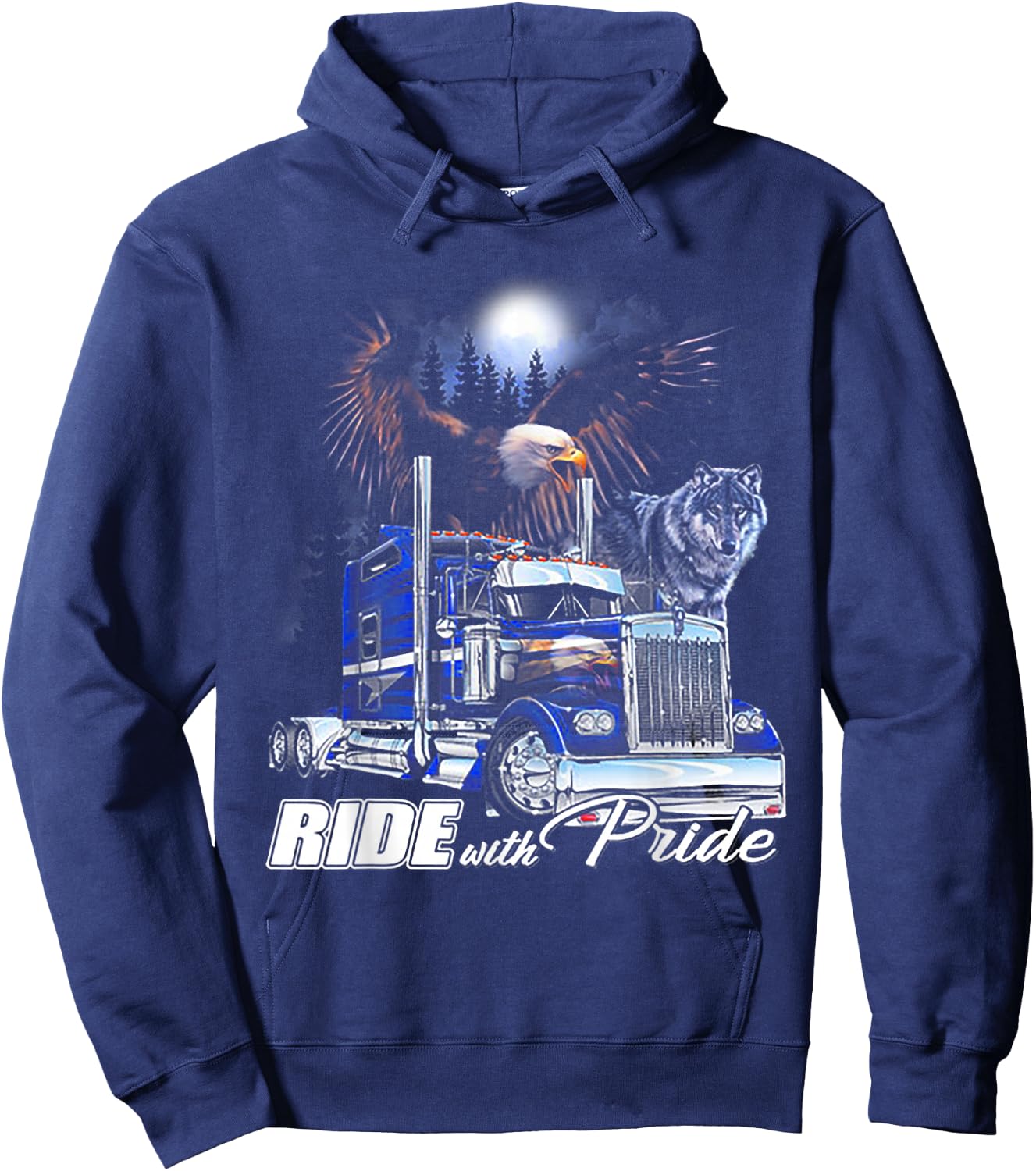 Ride With Pride Trucker Eagle Wolf Hoodie - Hoodie | Navy