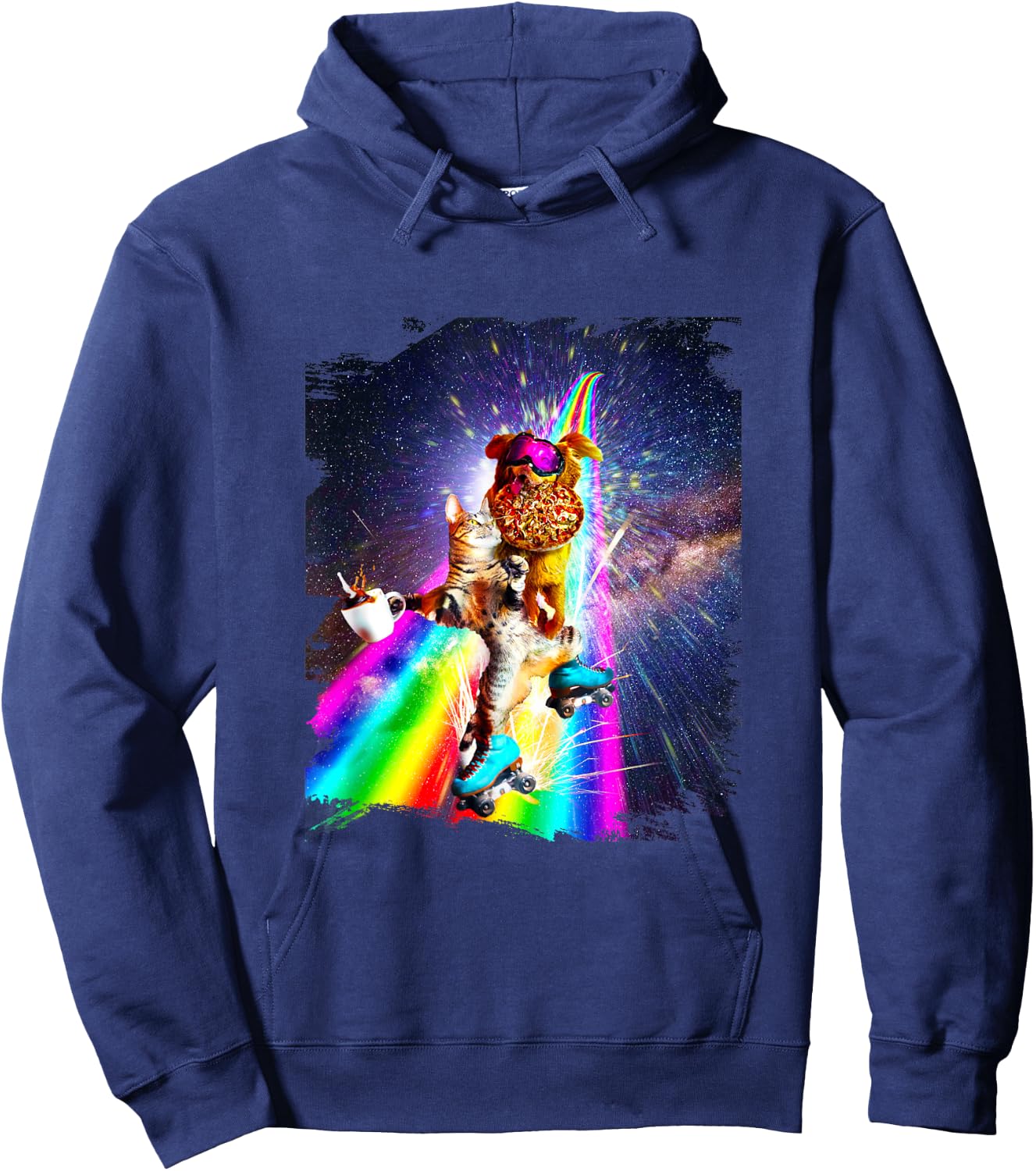Dog Cat On Roller Skates With Pizza Coffee Hoodie - Hoodie | Navy