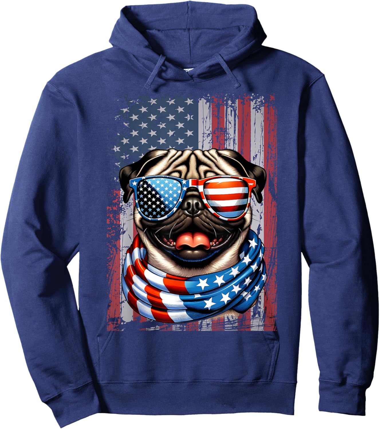 Pug Dog Lover US Flag 4th of July Patriotic Hoodie - Hoodie | Navy