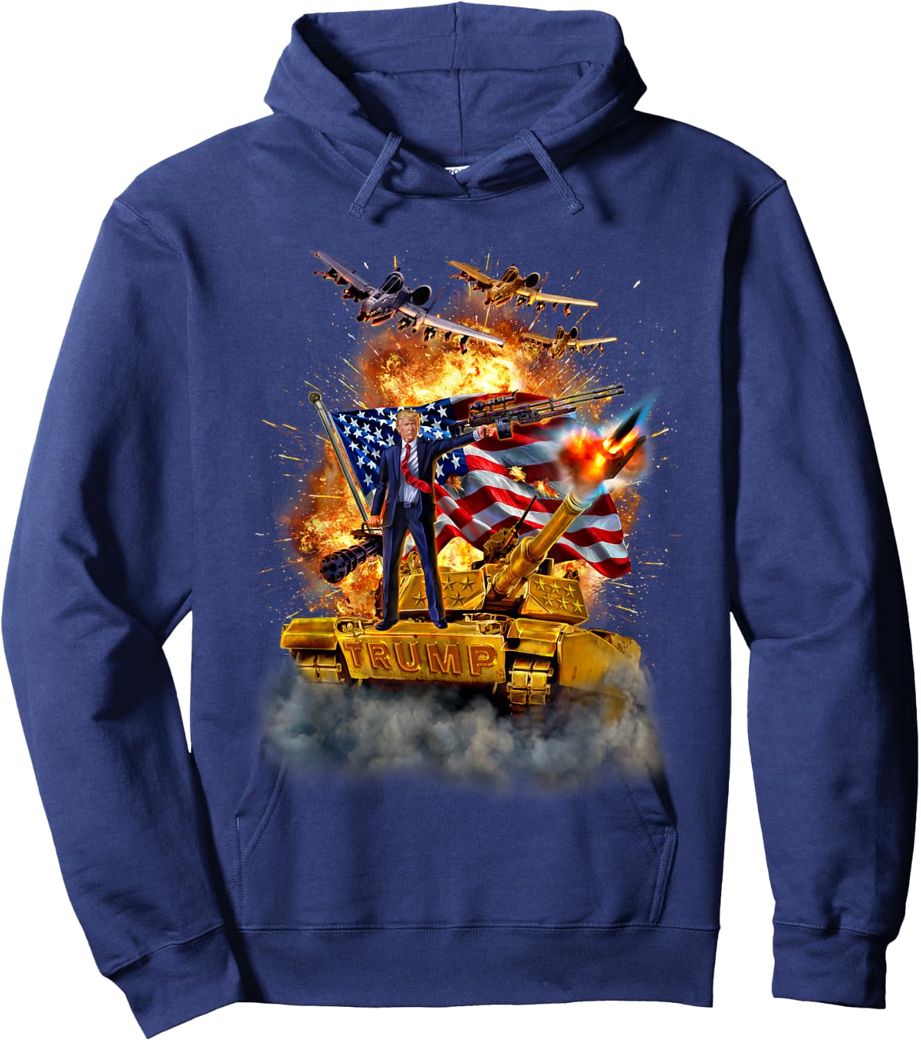 President Donald Trump Rides a Golden Tank Hoodie - Hoodie | Navy