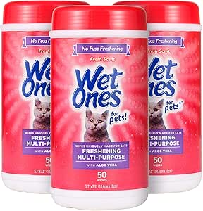 Wet Ones for Cats Freshening Wipes, Multi-Purpose Cat Grooming Wipes with Aloe Vera, Helps Remove Dirt, Odor, and Dander Between Baths, Fresh Scent, 50 Count - 3 Pack