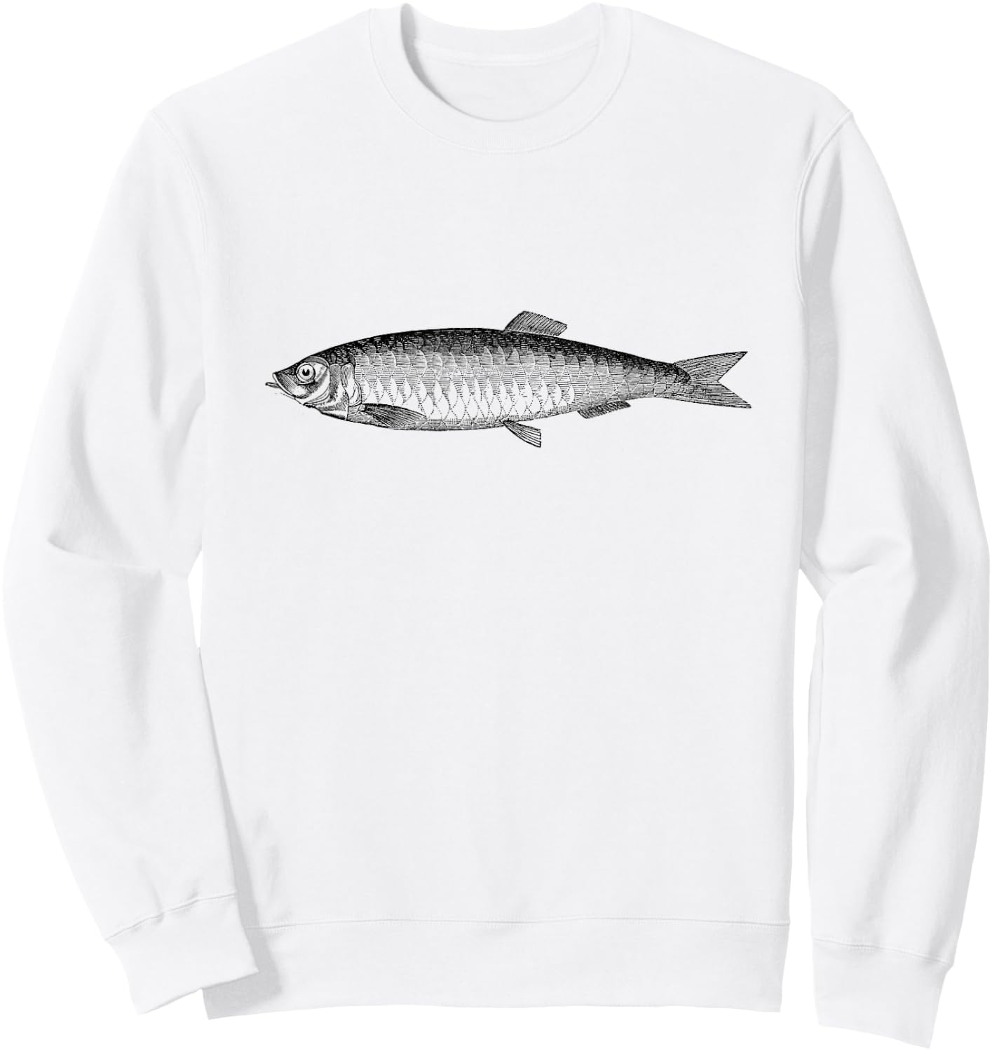 The New Antique Vintage Herring Fish Print - -Adults, Grey, Small, Short Sleeve, Classic Fit Sweatshirt - Sweatshirt | White