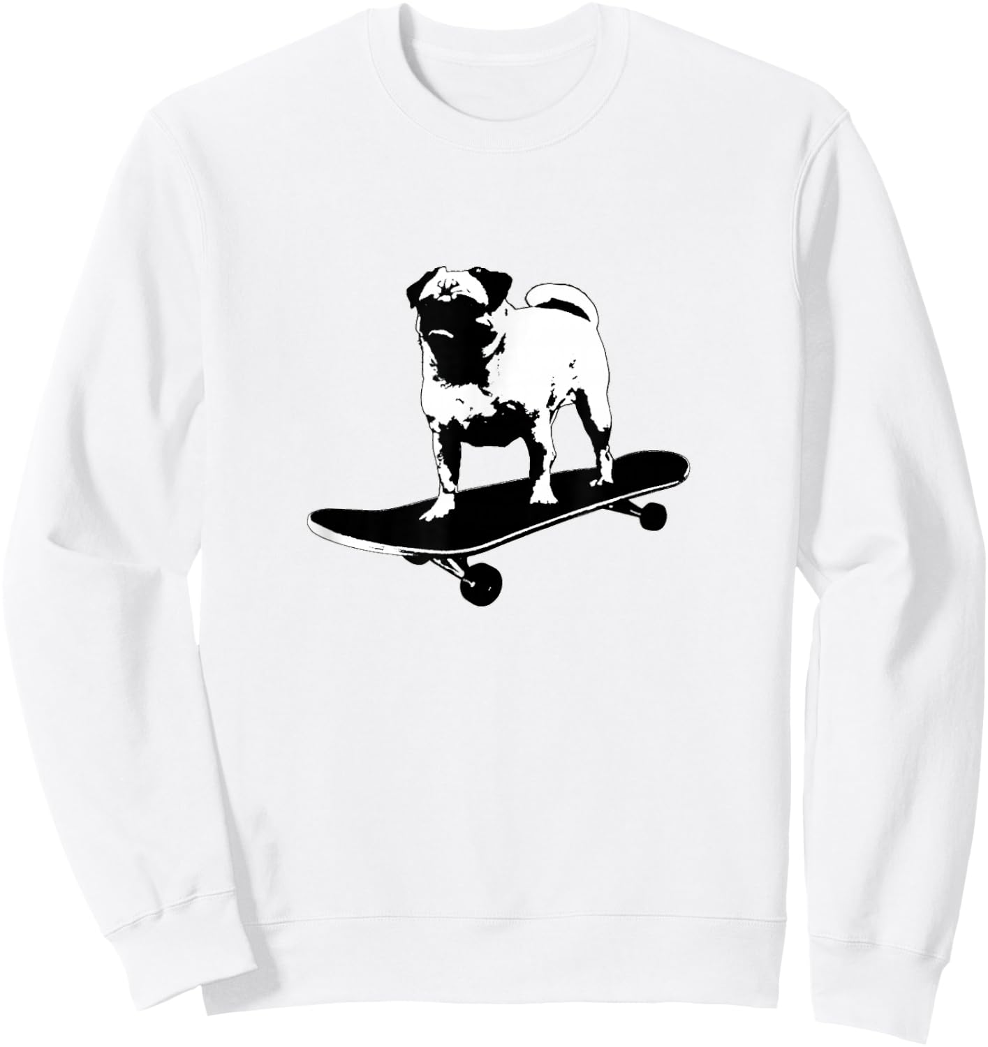 Pug on a Skateboard Black & White Lithograph Style Funny Dog Men Women Girls Kids Sweatshirt - Sweatshirt | White