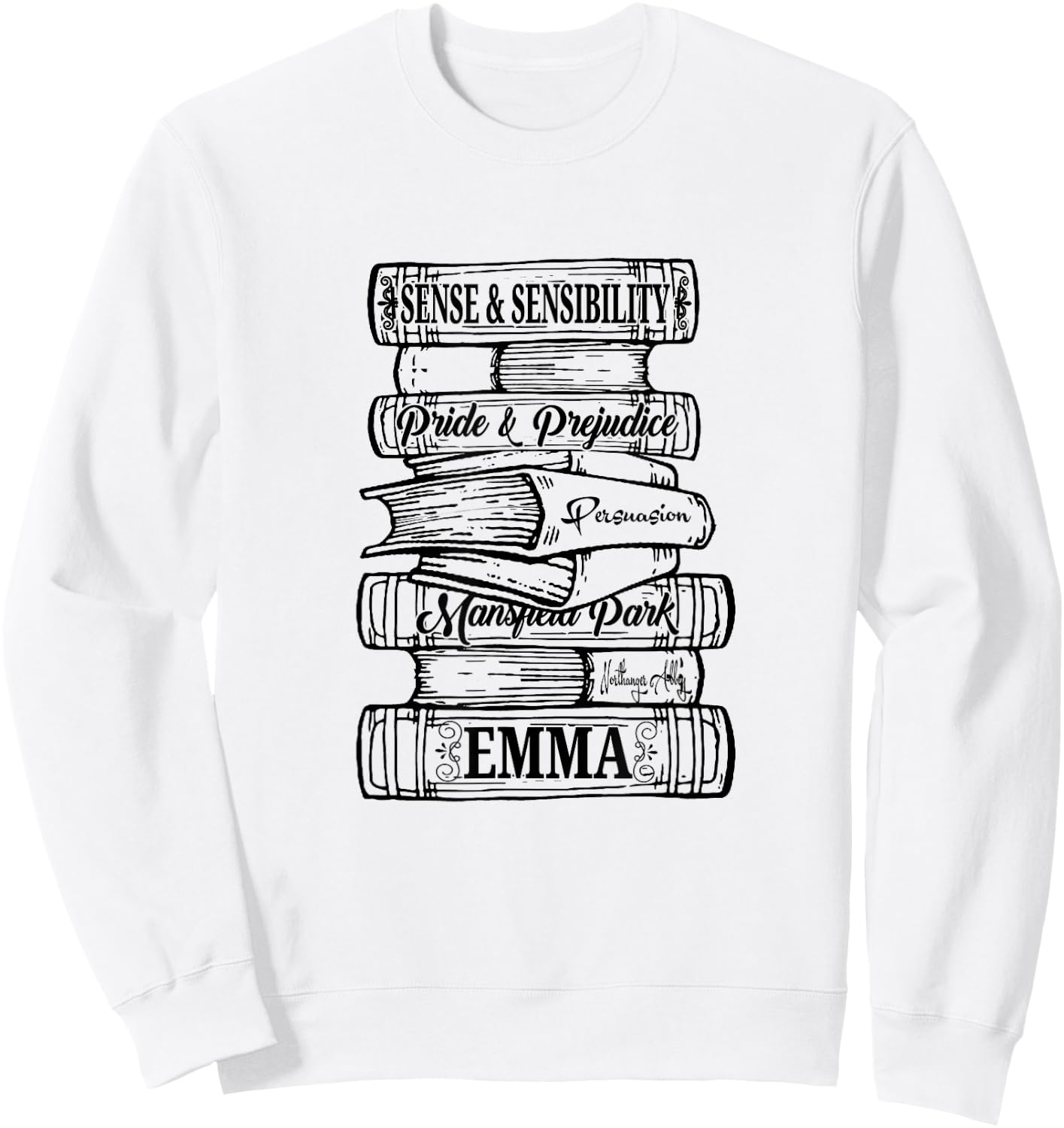 Jane Austen Pride and Prejudice & Mr. Darcy Book Stack Fans Sweatshirt - Sweatshirt | White