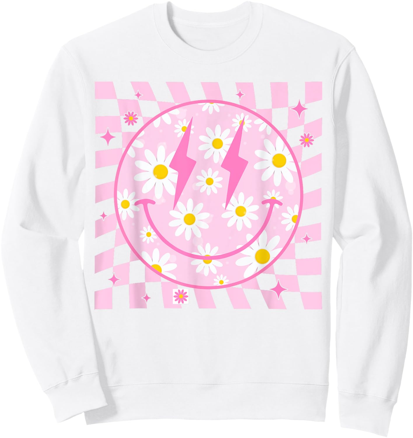 Retro Happy Smile Face Checkered Pattern Pink Daisy Flower Sweatshirt - Sweatshirt | White