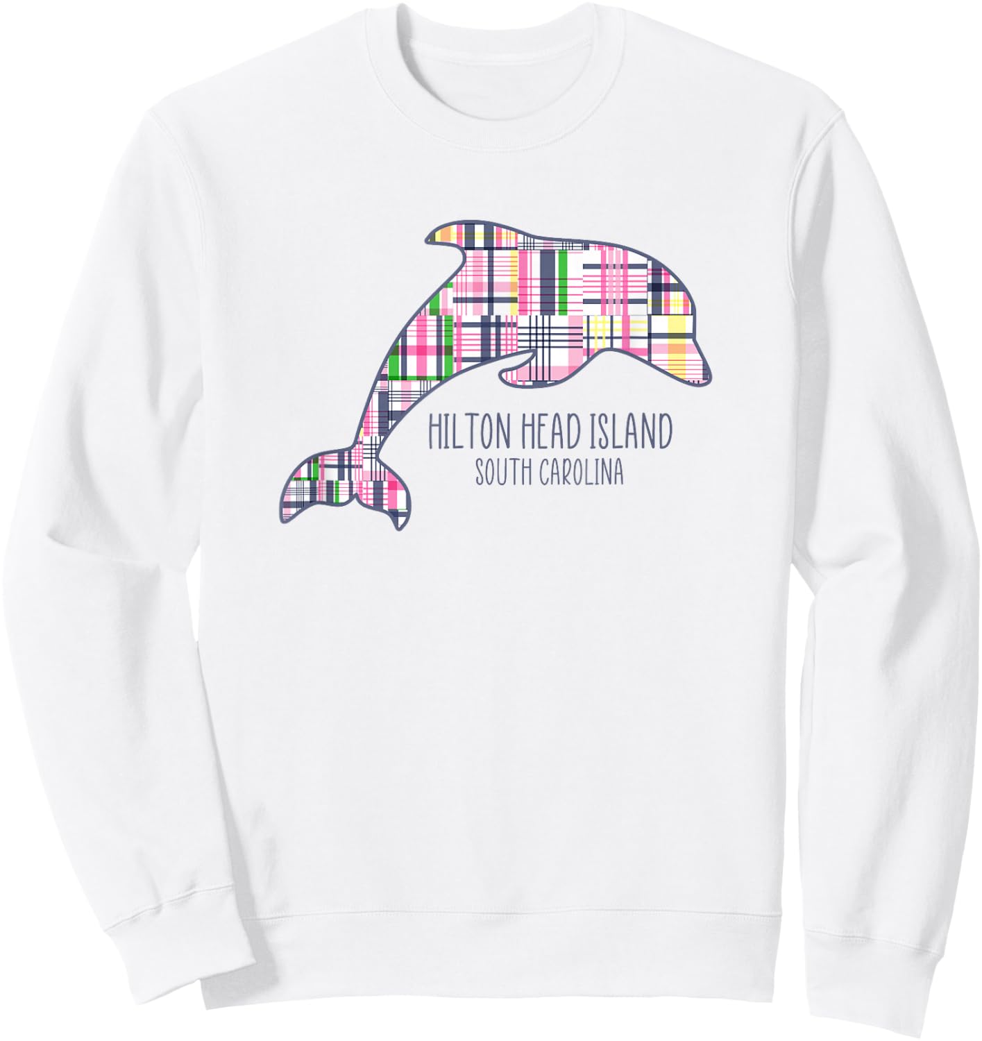 Kids Hilton Head Island South Carolina Preppy Plaid Dolphin Sweatshirt - Sweatshirt | White