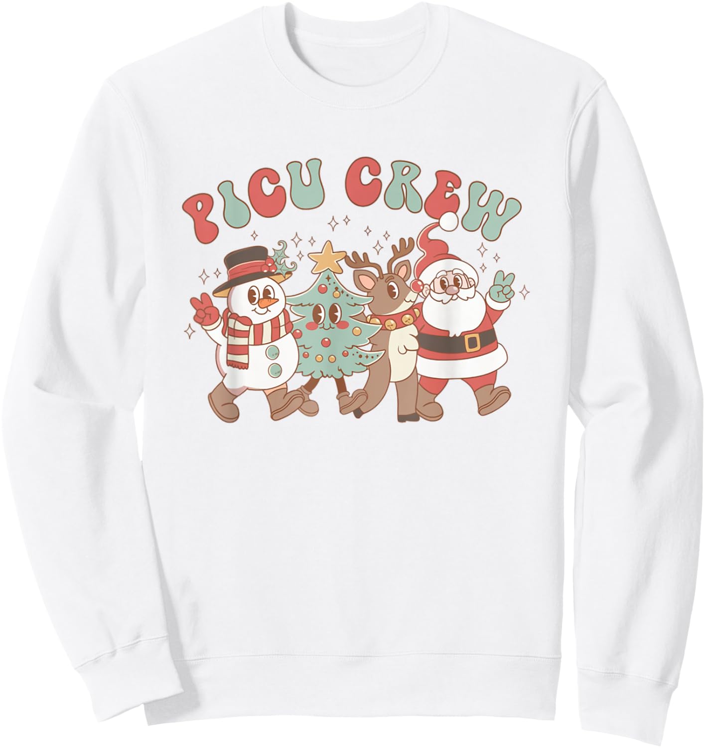 Retro Groovy PICU Nurse Christmas Tree Snowman Reindeer Sweatshirt - Sweatshirt | White