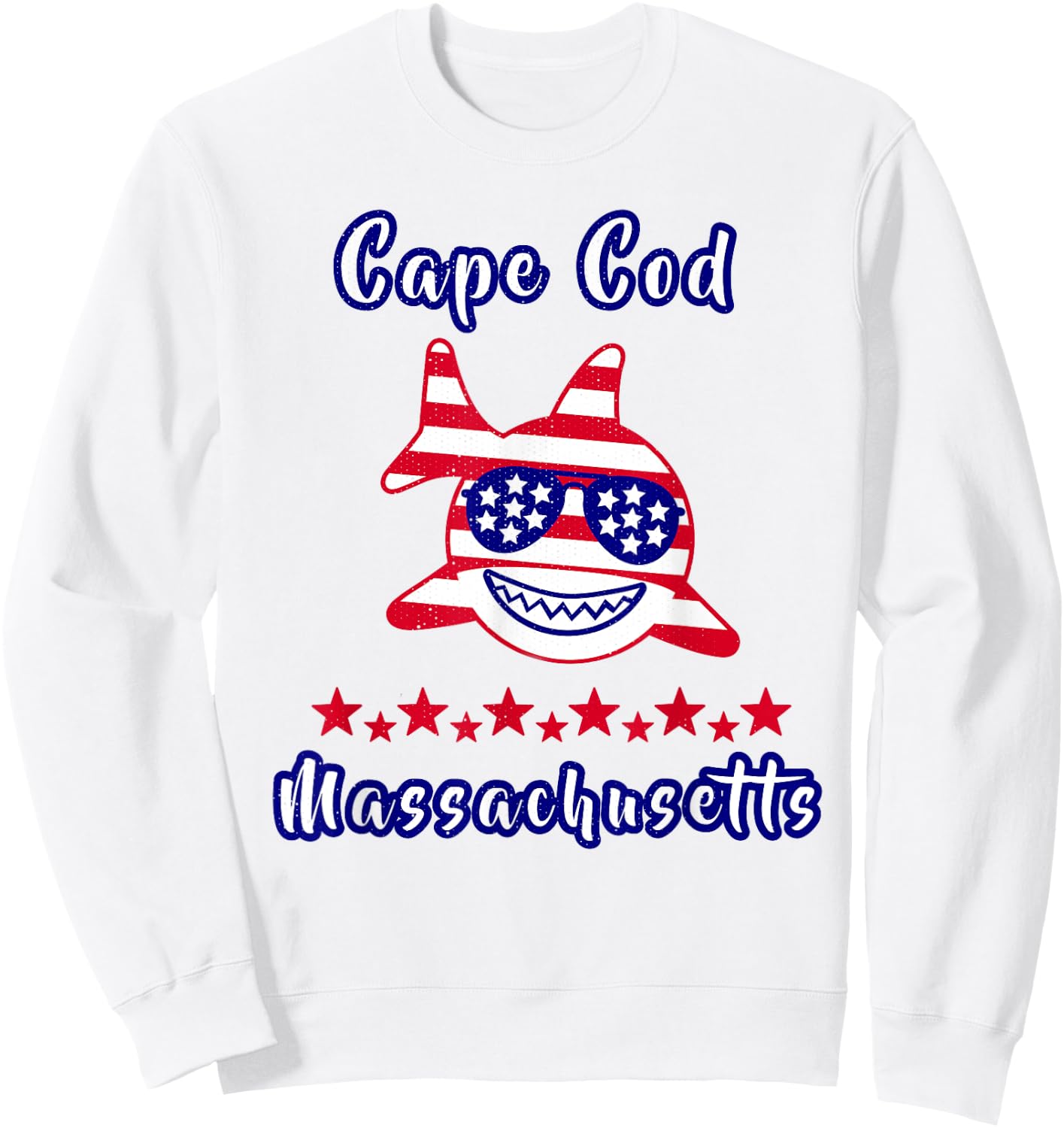 Cape Cod Massachusetts Patriotic Shark American Flag Sweatshirt - Sweatshirt | White
