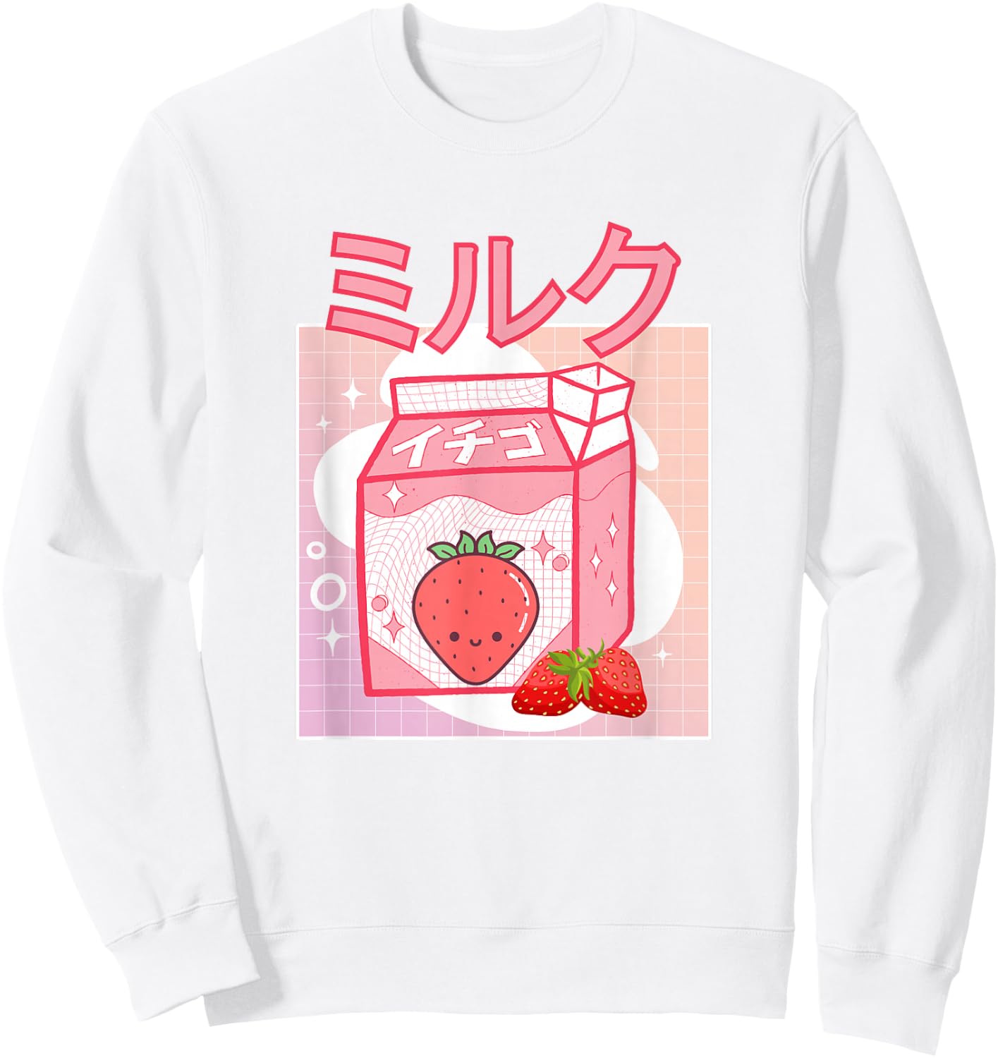 Cute Pink Strawberry Milk Japanese Kawaii Retro 90s Anime Sweatshirt - Sweatshirt | White
