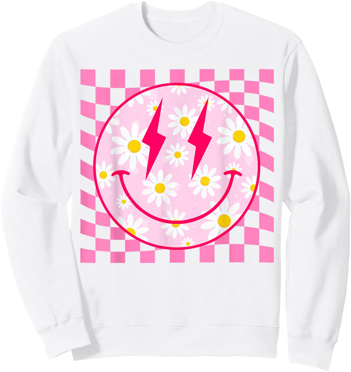 Retro Happy Smile Face Pink Daisy Flower Checkered Pattern Sweatshirt - Sweatshirt | White