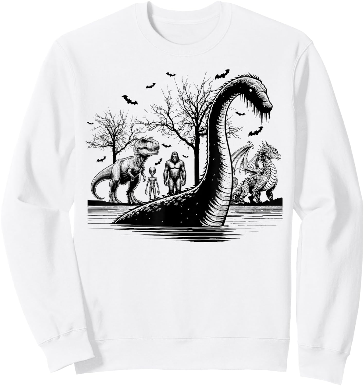 Halloween party bigfoot alien meet loch Ness dragon spooky Sweatshirt - Sweatshirt | White