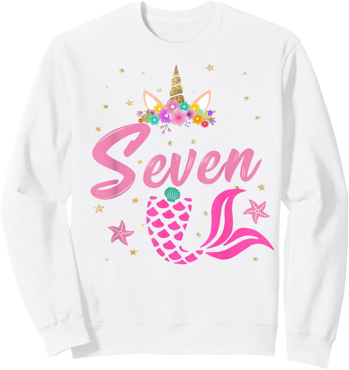 7th Birthday Girl Unicorn Shirt Mermaid Tail 7 Years Old Sweatshirt - Sweatshirt | White