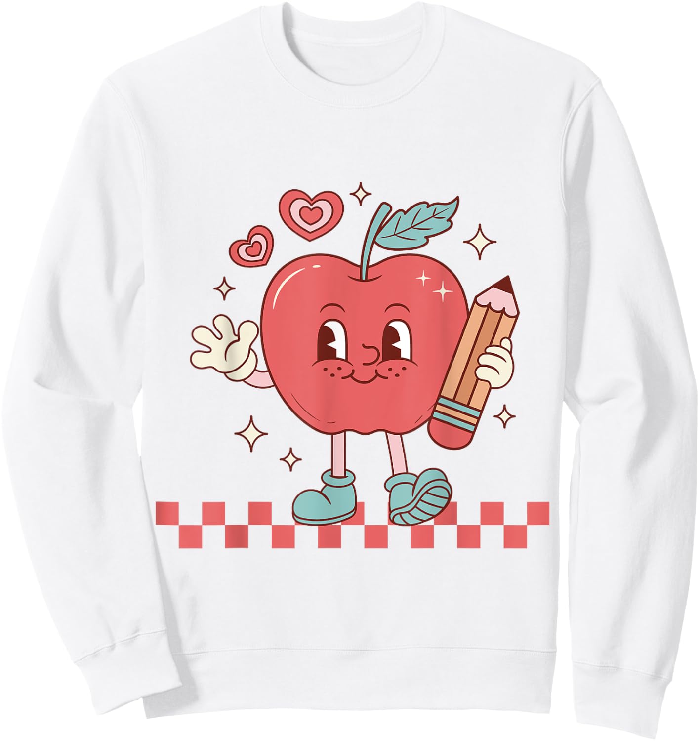 Cute Retro Checkered Apple with Face Teacher Pencil Trendy Sweatshirt - Sweatshirt | White