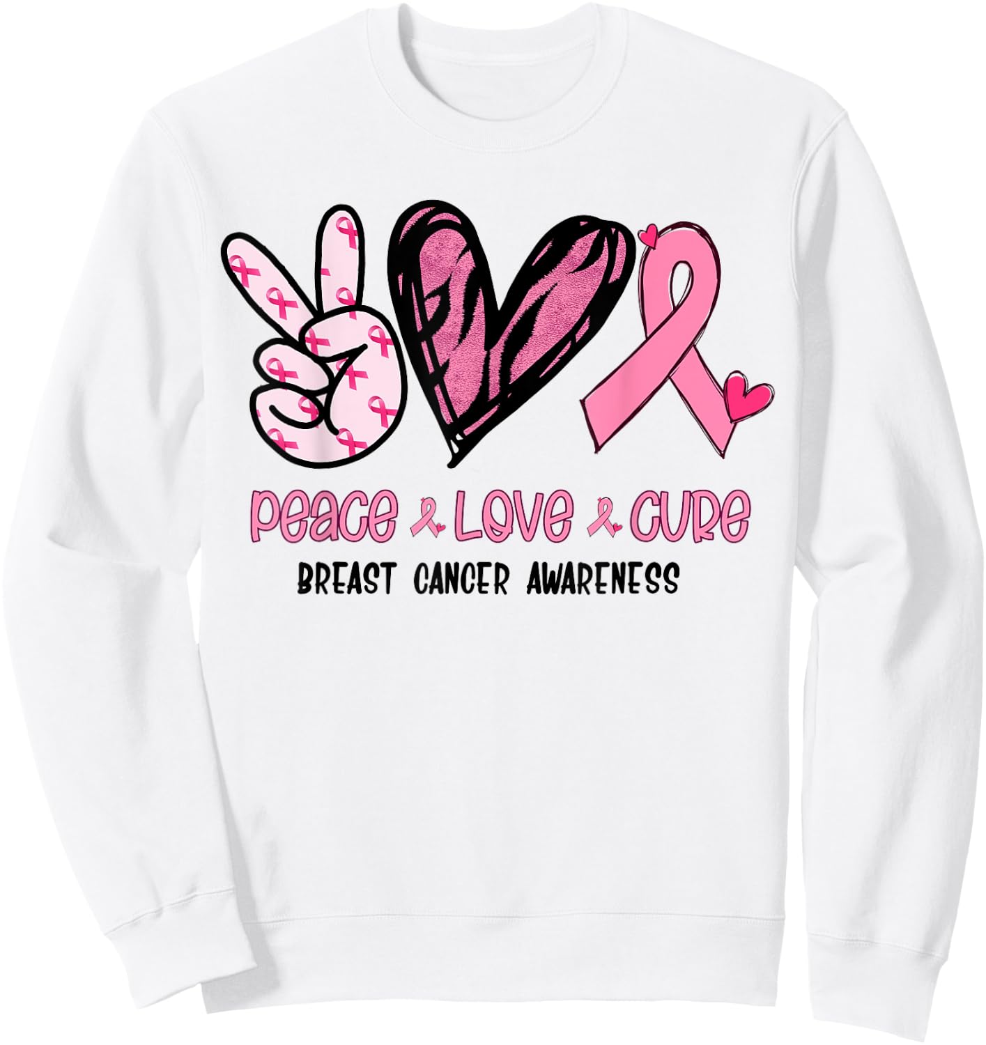 Breast Cancer Peace Love Cure In October We Wear Pink Ribbon Sweatshirt - Sweatshirt | White