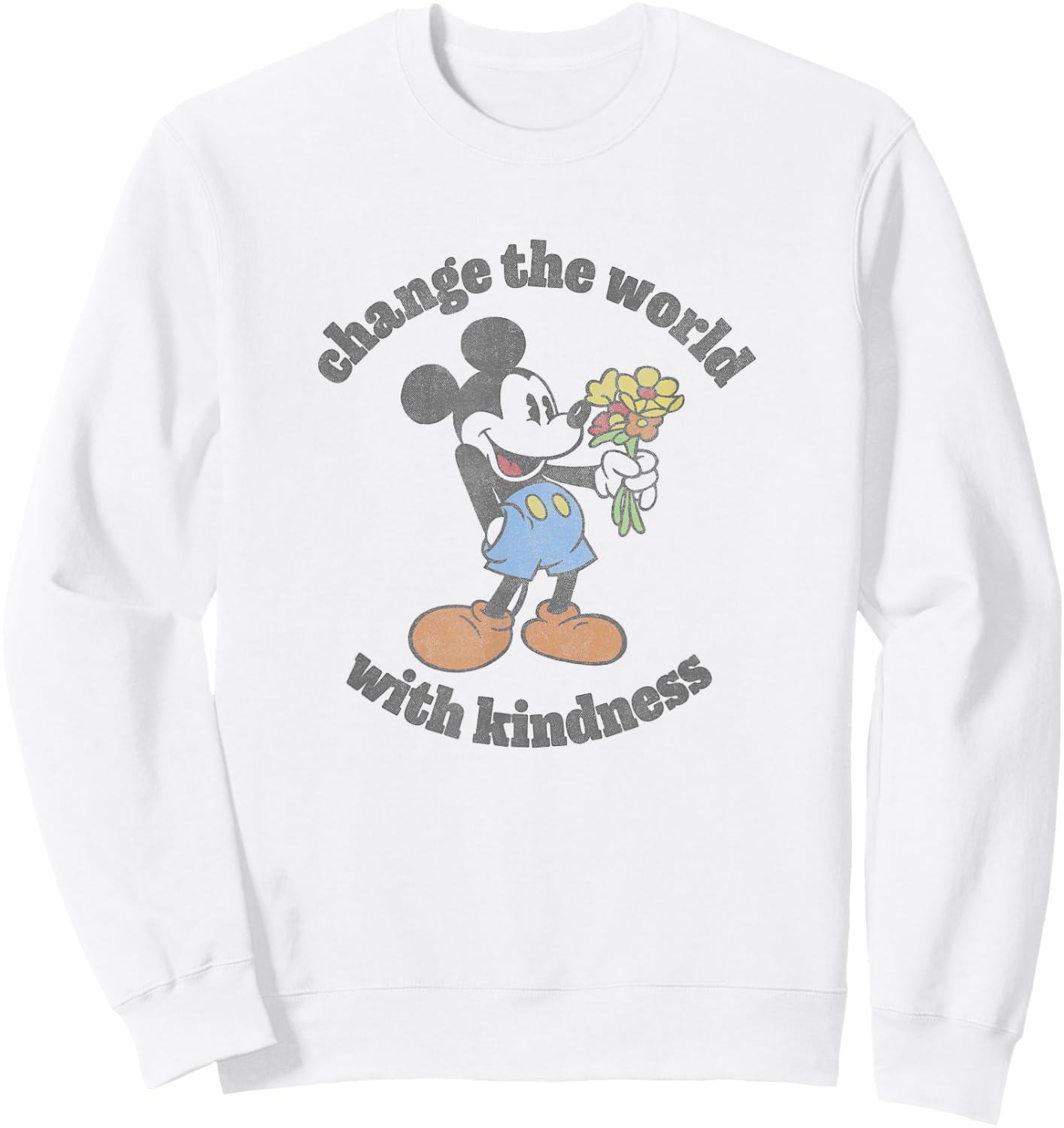 Disney Mickey With Flowers Change The World With Kindness Sweatshirt - Sweatshirt | White