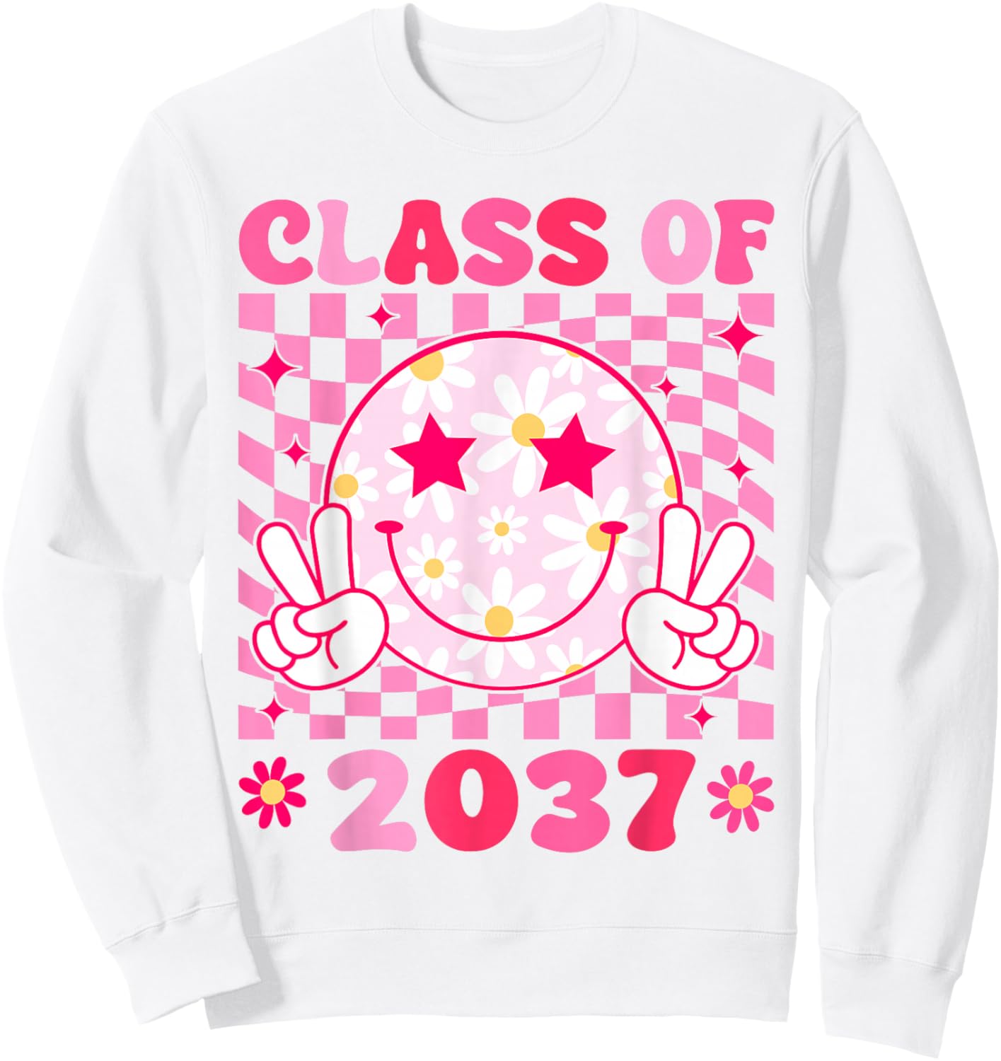 Groovy Class of 2037 Grow With Me Smile Face Back To School Sweatshirt - Sweatshirt | White