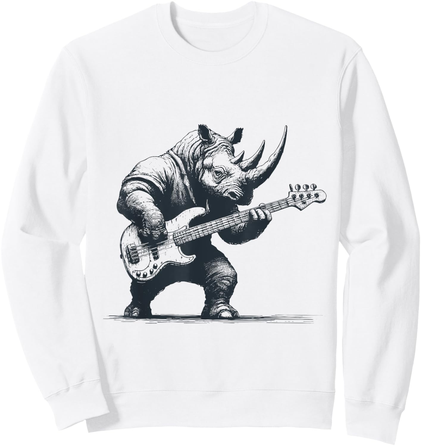 Rhino Funny Playing Bass Guitar Cute Rockin' Rhino Sweatshirt - Sweatshirt | White