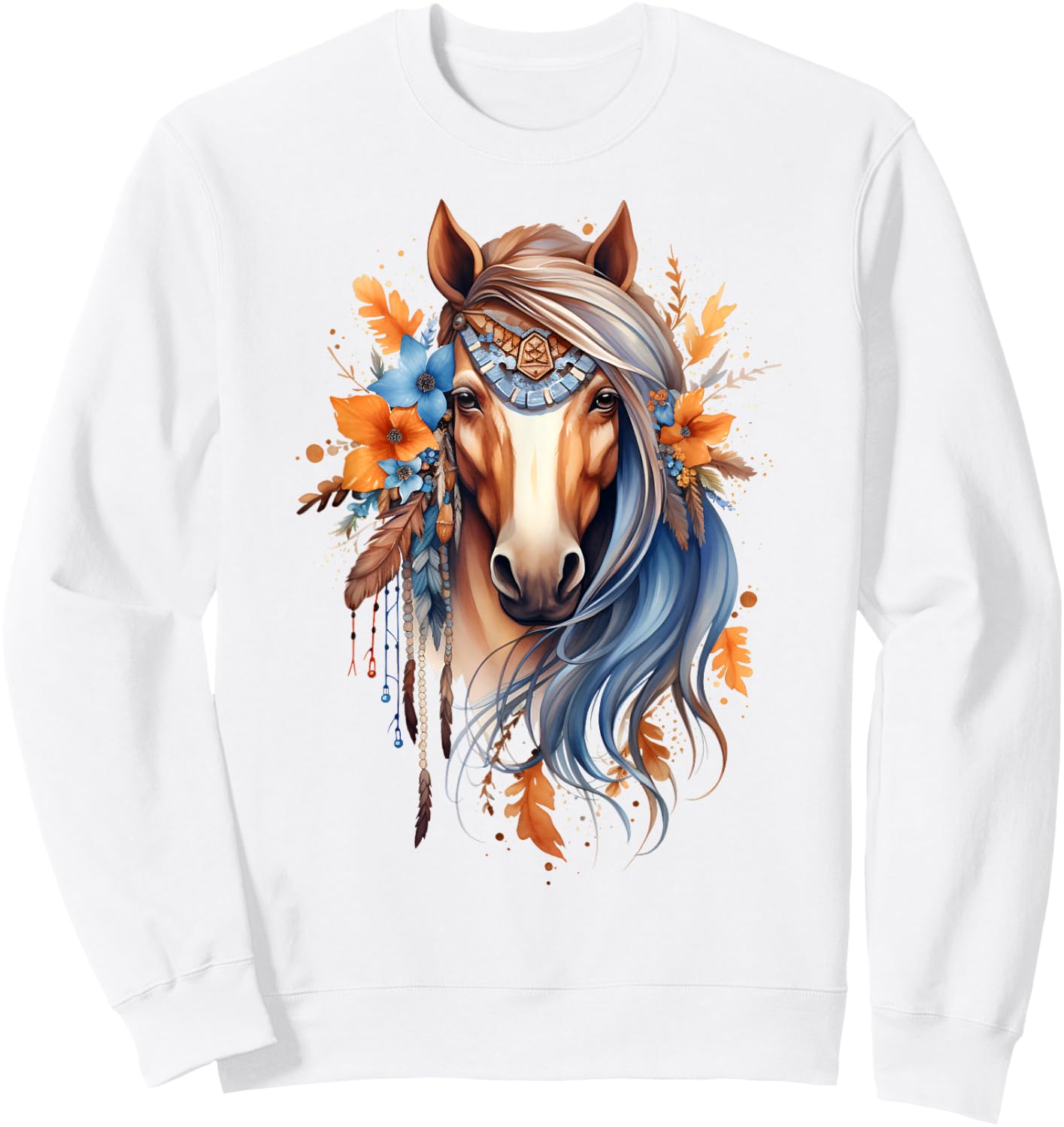 Floral Boho Horse Print Beautiful Rustic Hippie Aesthetic Sweatshirt - Sweatshirt | White
