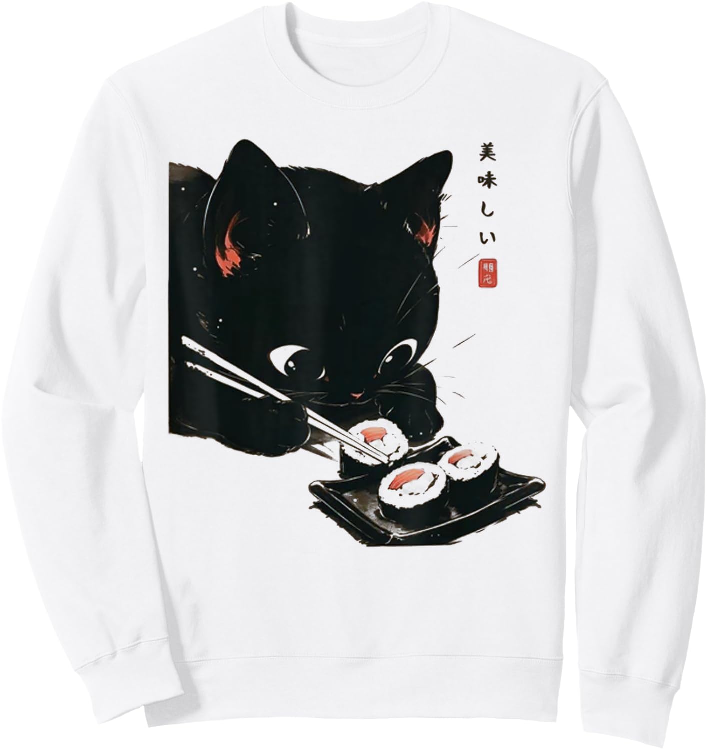 Black Cat Eating Sushi - Cat Japanese Art Women Sweatshirt - Sweatshirt | White