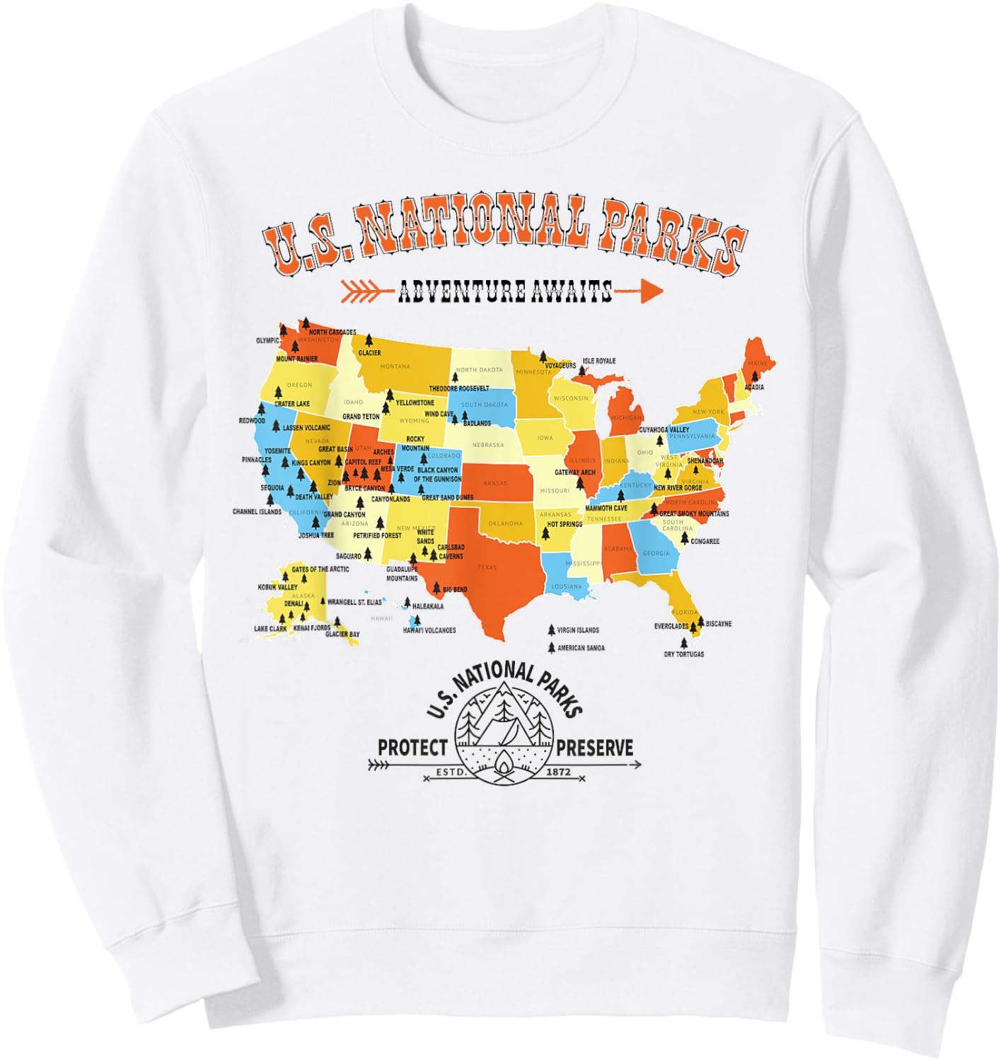 U.S. National Park Hiking Map - All 63 US National Parks Map Sweatshirt - Sweatshirt | White